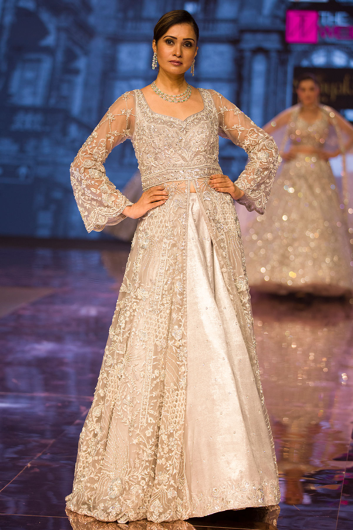 Buy Lavender Grey Sequins Embroidered Net Indowestern Lehenga Online at Samyakk