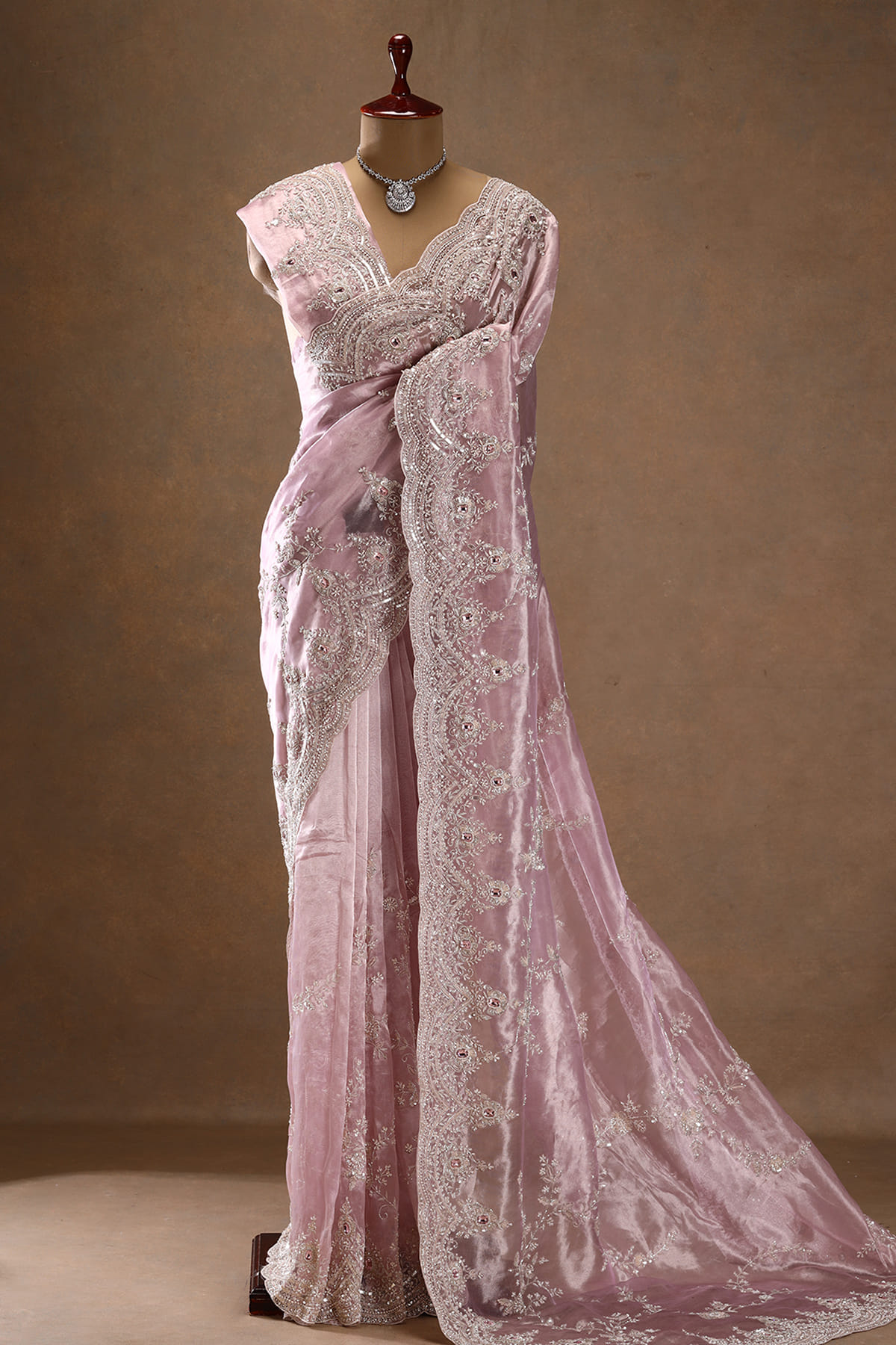 Lavender Embroidered Crepe Saree With Unstitched Blouse Piece