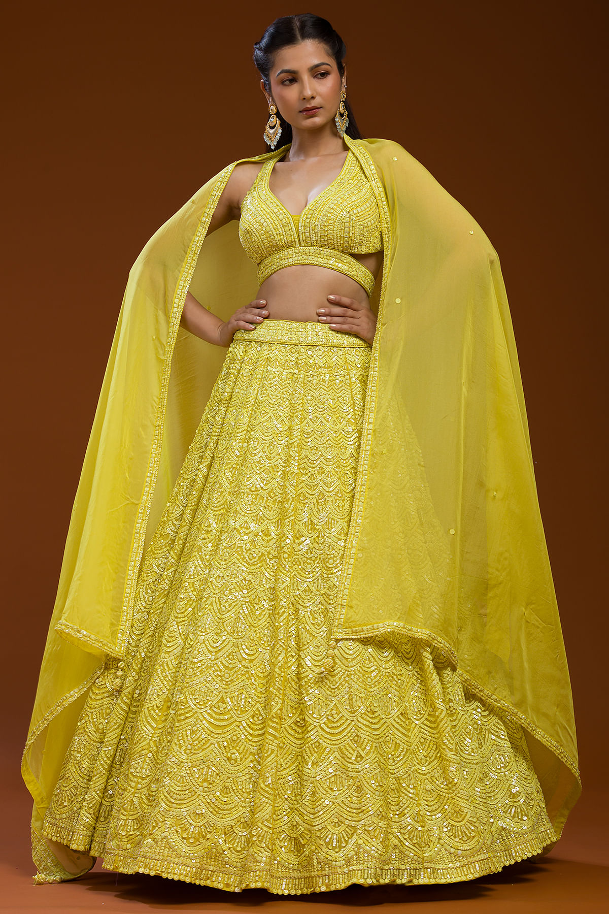 Buy Lemon Yellow Sequins Embroidered Organza Bridesmaids Lehenga Online at Samyakk