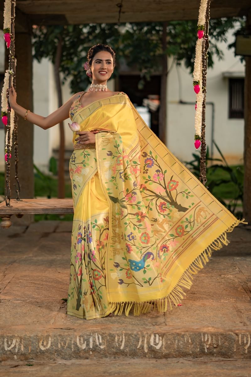 Lemon Yellow Paithani Silk Saree 