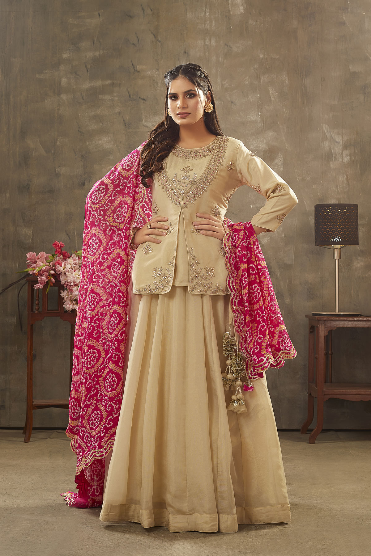 Light Beige Gota Embroidered Tissue Silk Party Wear Salwar Kameez NF5318