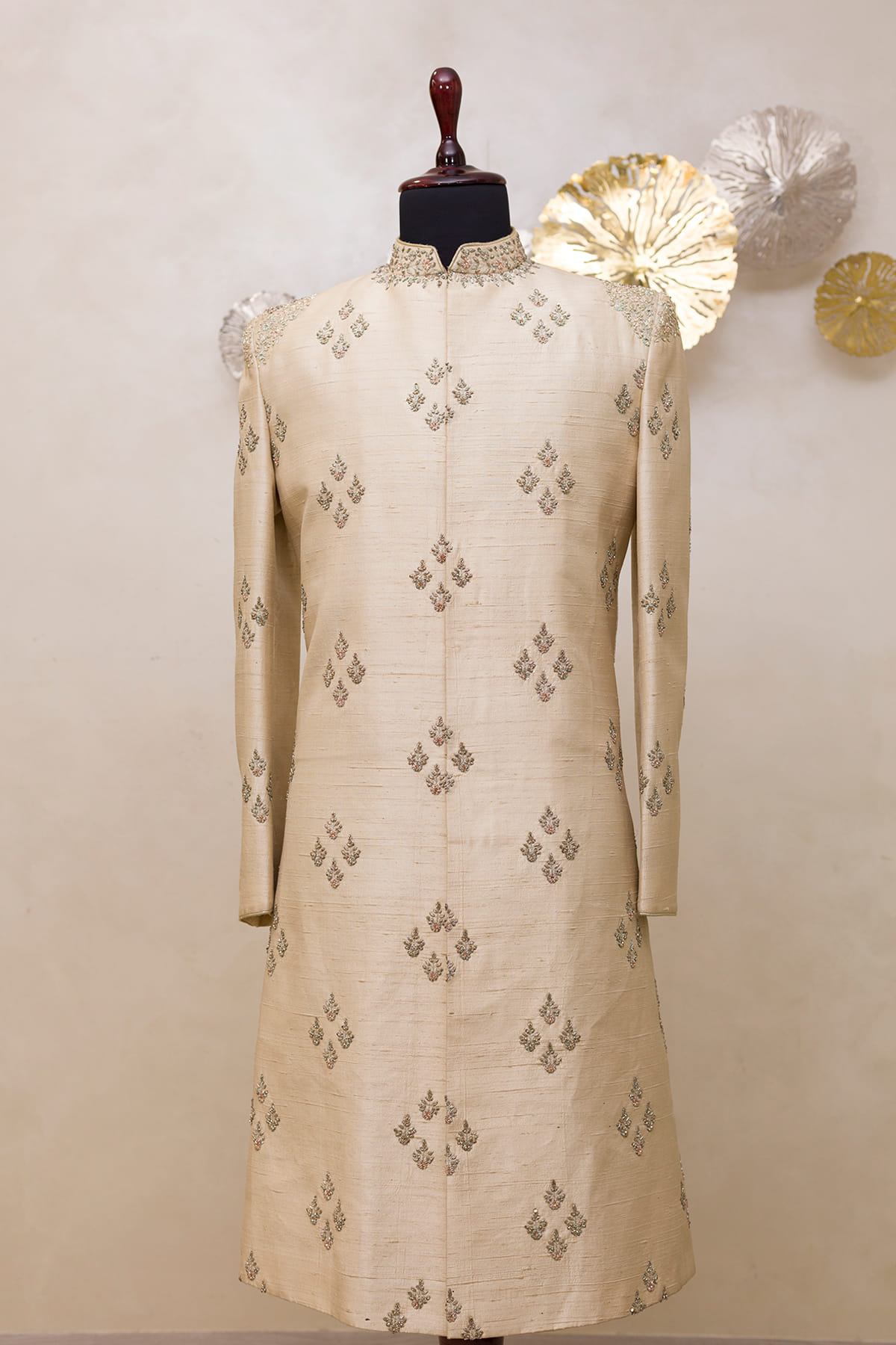Beige Geometric Embroidered Raw Silk Sherwani Set main image 1