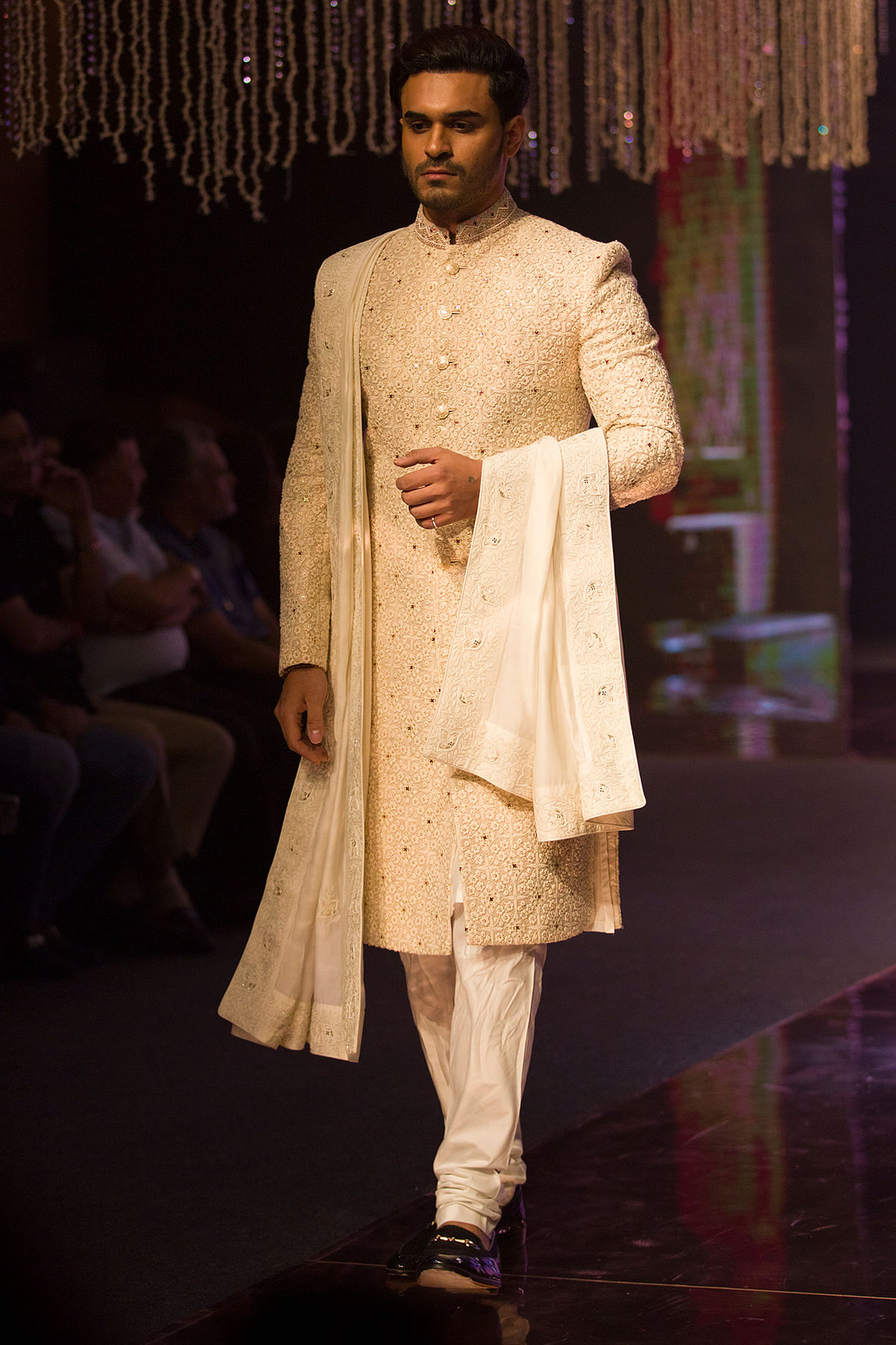 Buy Light Beige Sequins Embroidered Silk Wedding Sherwani Online at Samyakk