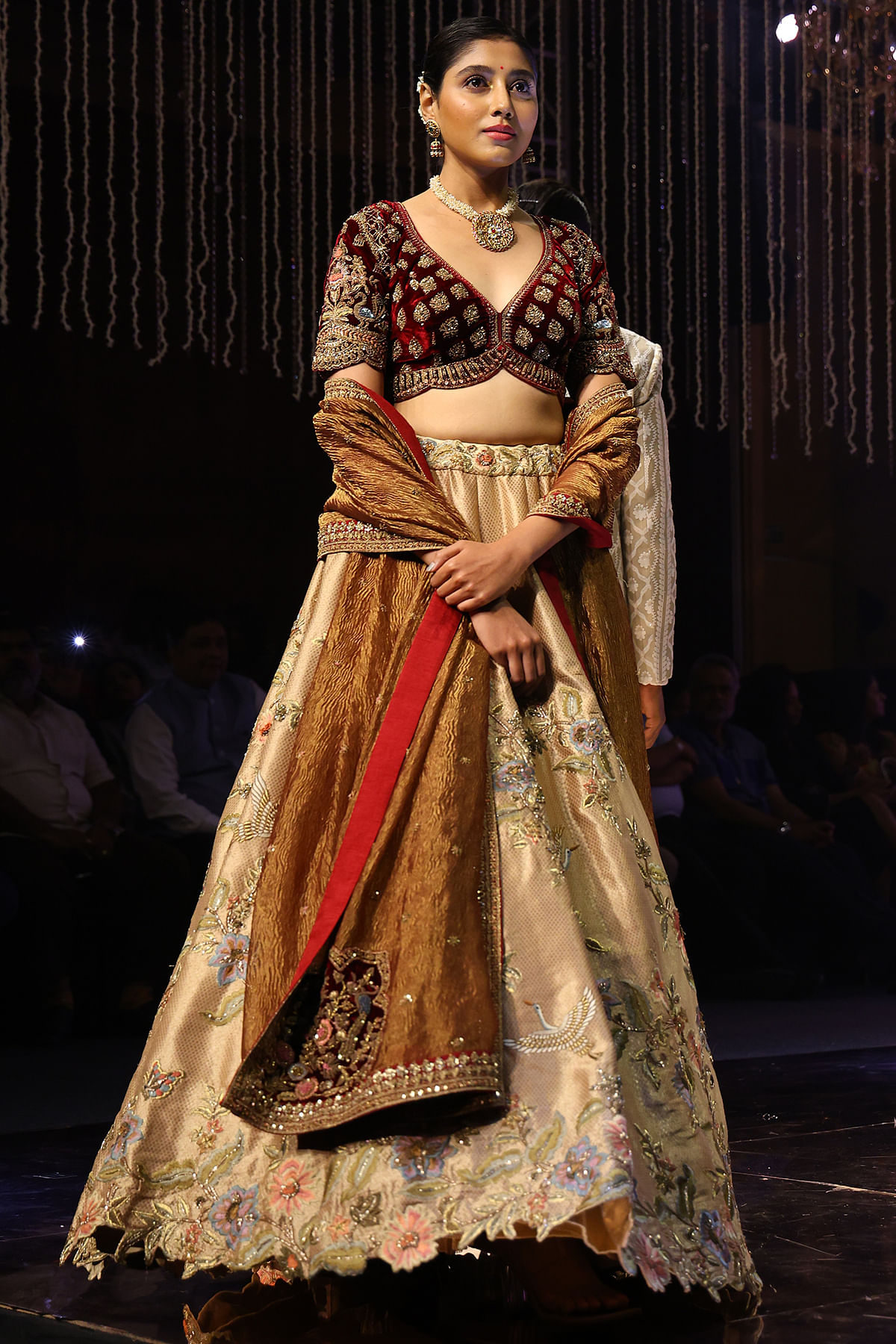 Buy Light Beige Thread Embroidered Brocade Silk Exclusive Bridal Lehenga Online at Samyakk