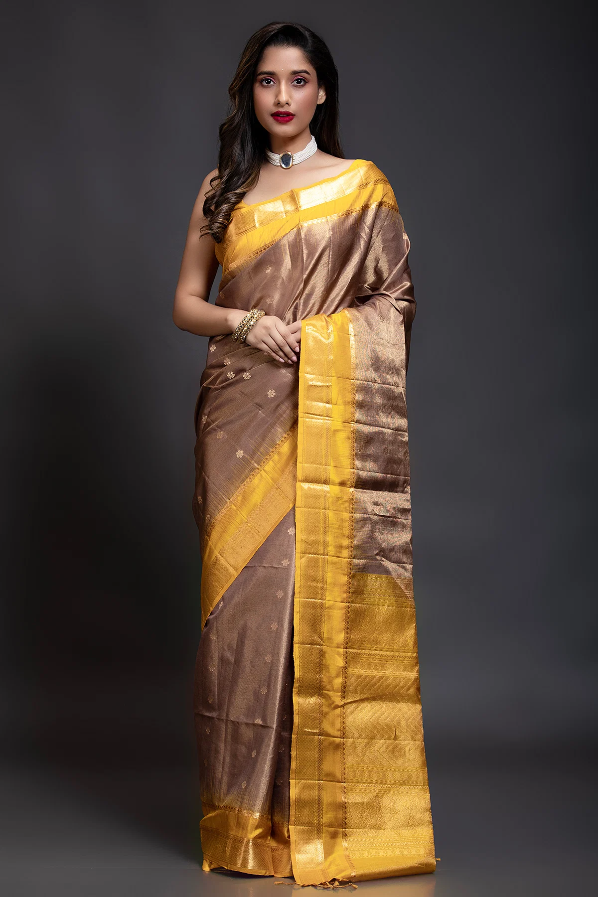 Buy Light Brown Zari Woven Silk Saree With Unstitched Blouse Online at Samyakk