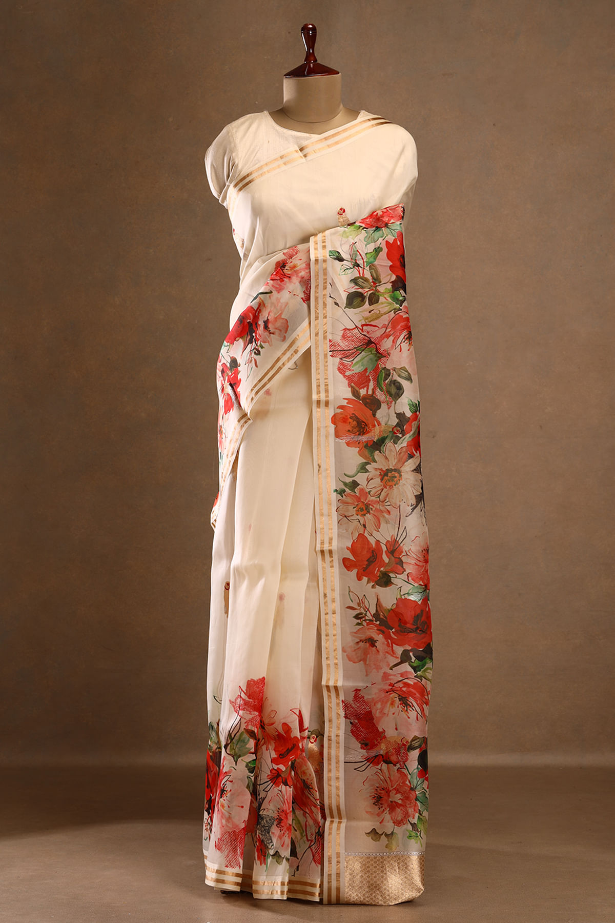 Light Cream Banarasi Organza Saree