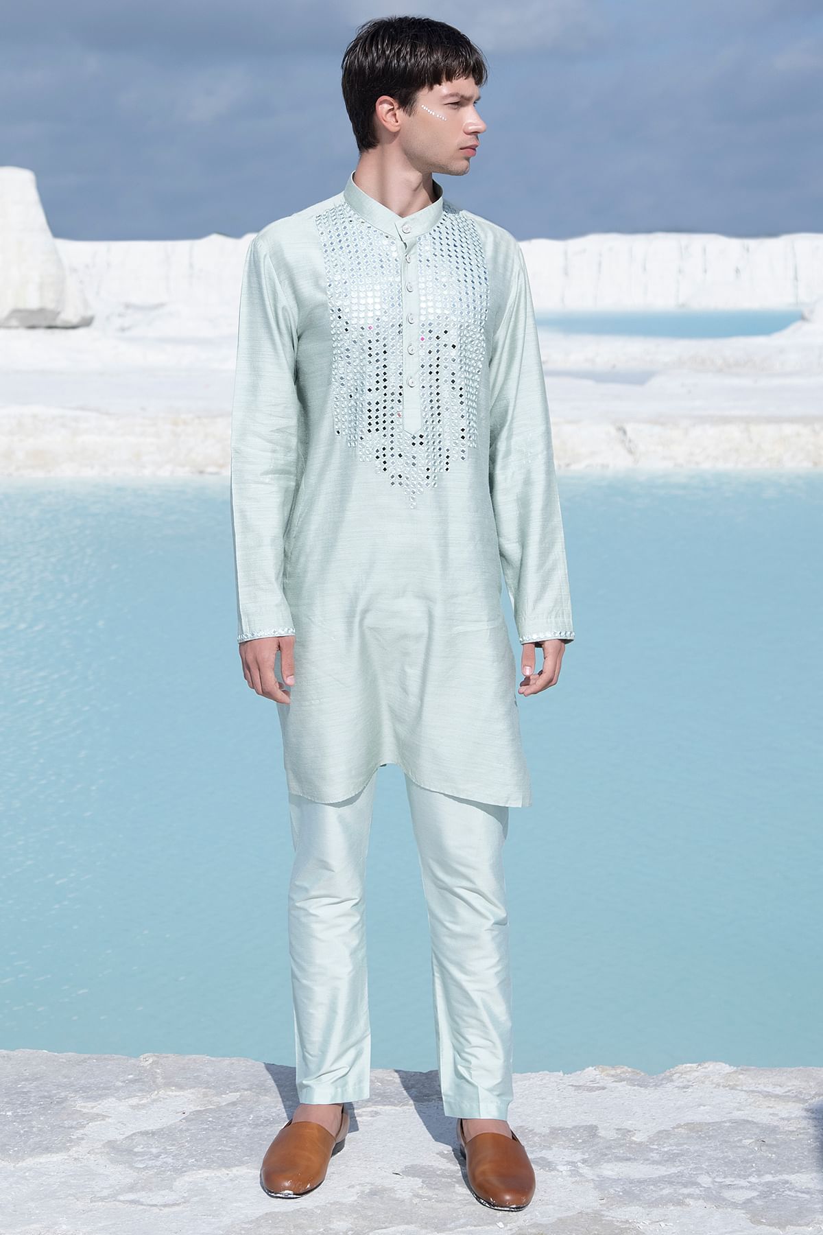 Buy Light Grey Mirror Embroidered Silk Kurta Online at Samyakk