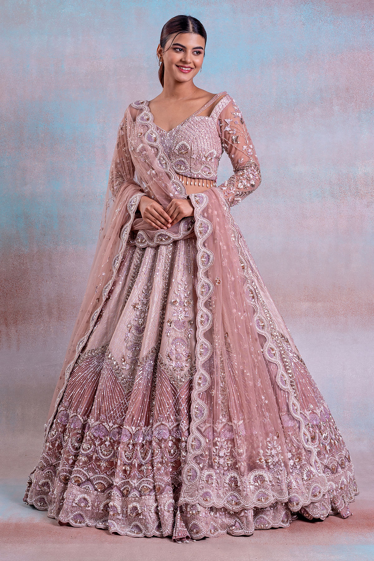 Buy Light Lilac Purple Sequins Embroidered Net Exclusive Bridal Lehenga Online Samyakk