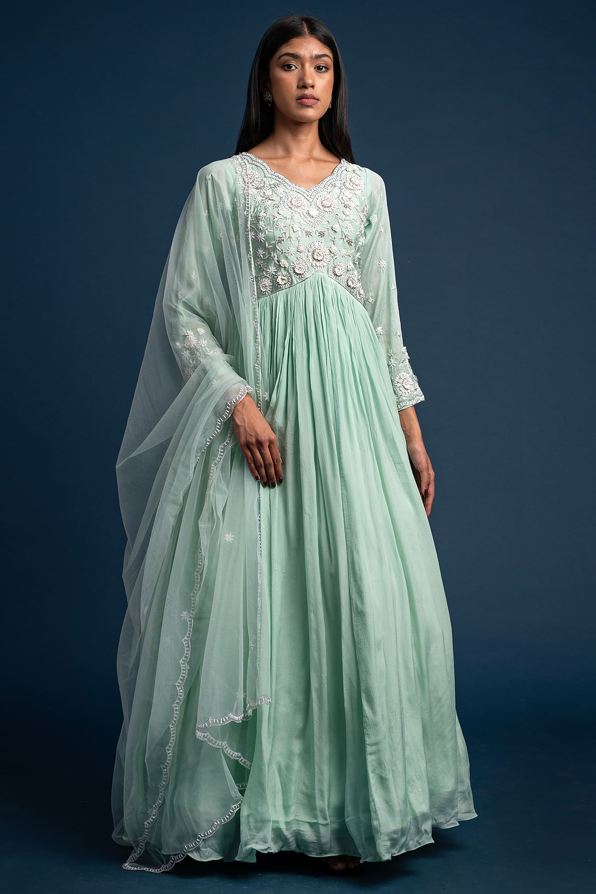 Buy Light Mint Green Cutdana Embroidered Crepe Designer Salwar Online at Samyakk