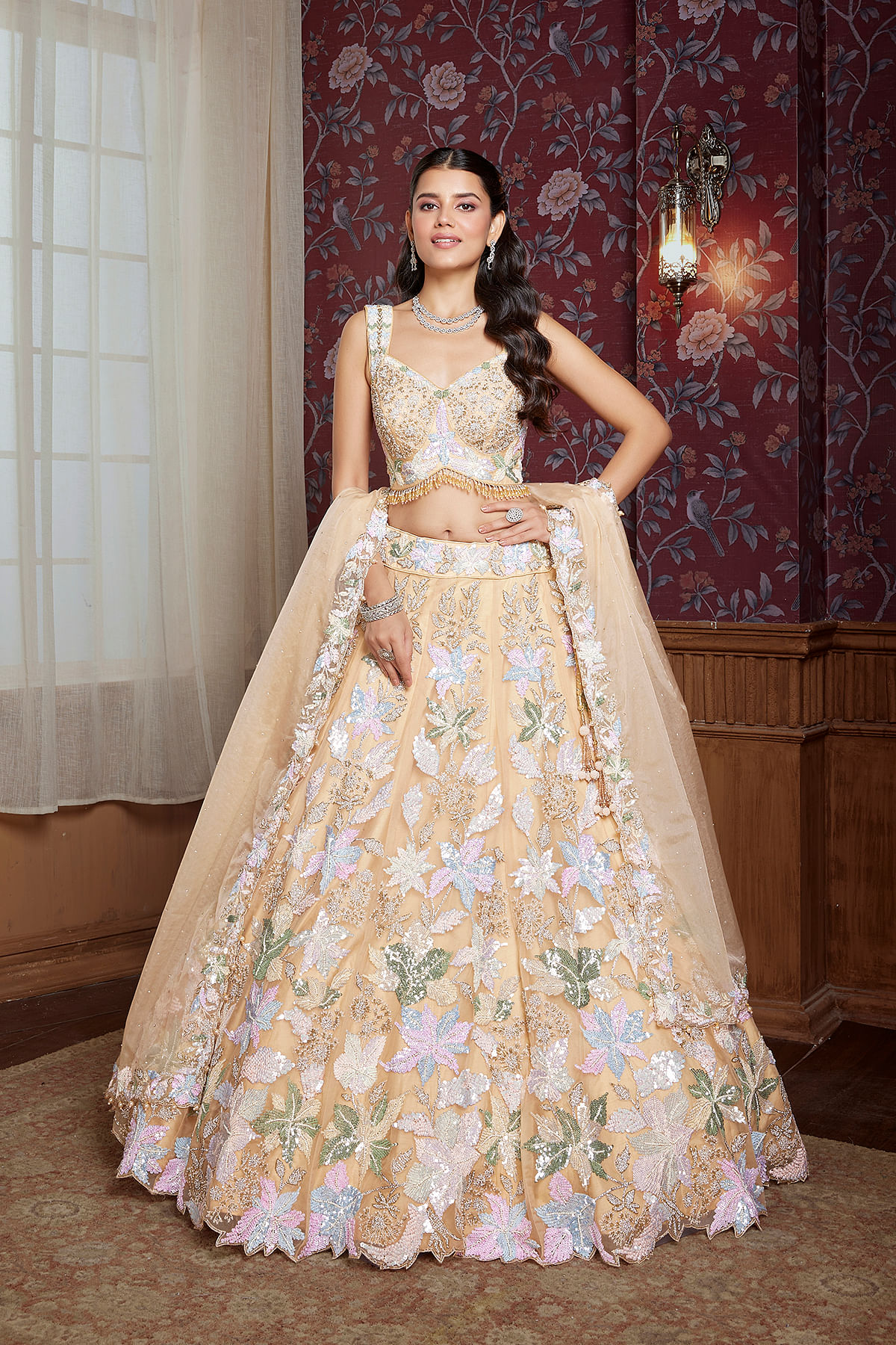 Buy Light Peach Panel Style Net Designer Lehenga With Embroidered Sweet Heart Neck Blouse Online at Samyakk