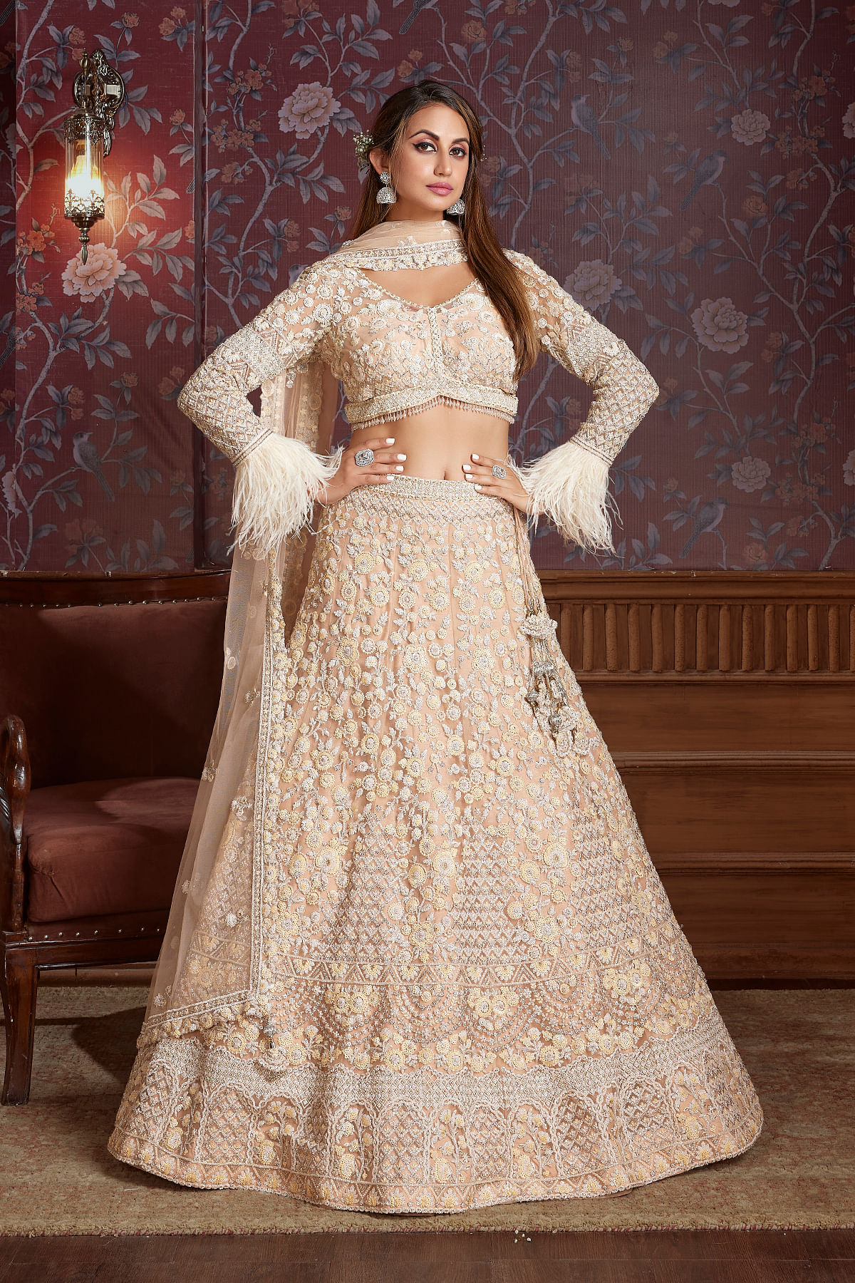 Buy Light Peach Panel Style Net Reception Lehenga With Embroidered Curve V Neck Blouse Online at Samyakk