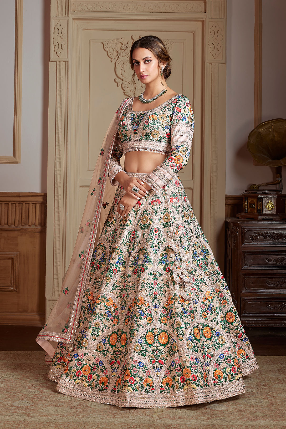 Buy Light Pink Panel Style Silk Reception Lehenga With Embroidered Round Neck Blouse Online at Samyakk