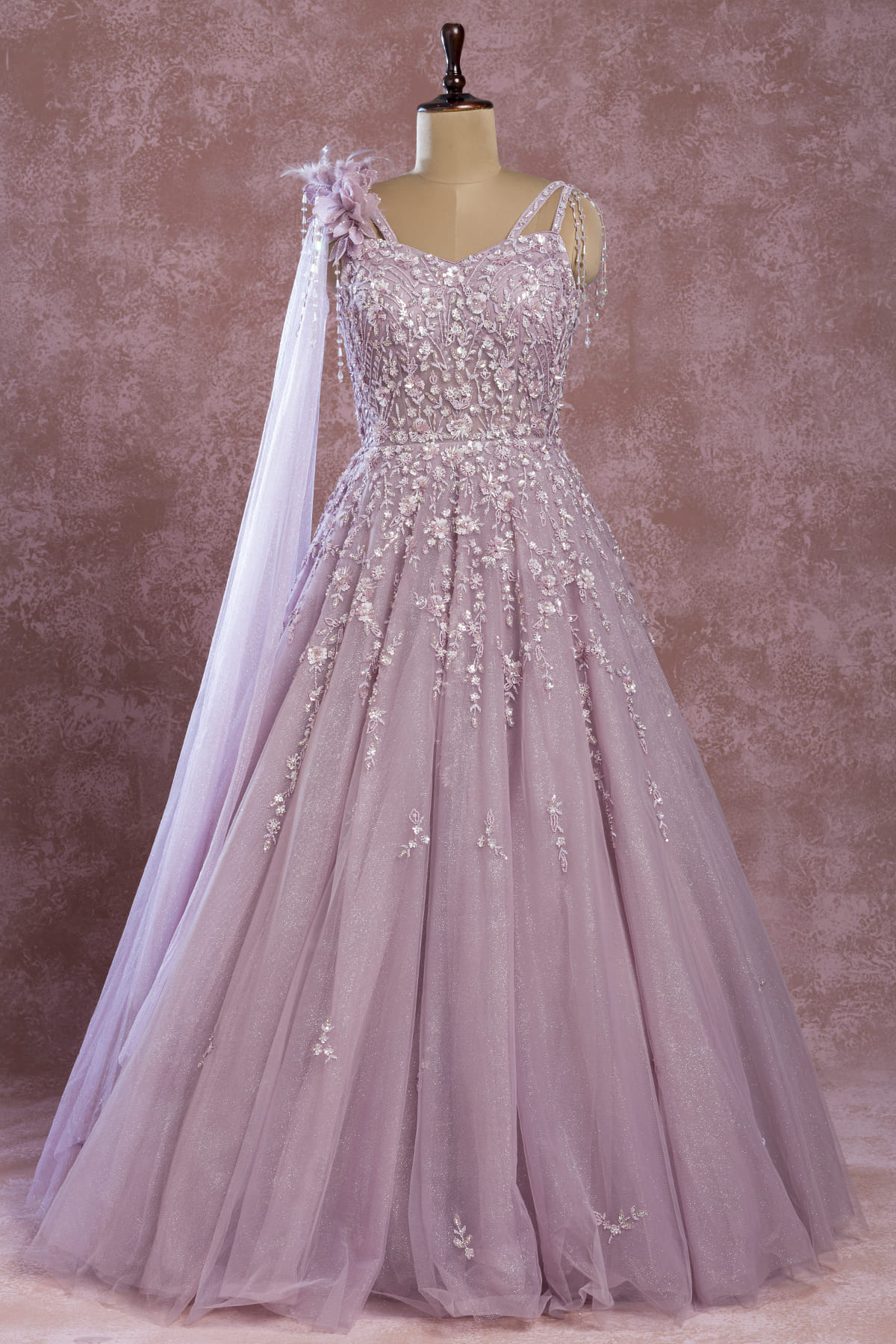 Buy Lilac Net Flared Style Indowestern Gown with Assymetric Sleeve and ...