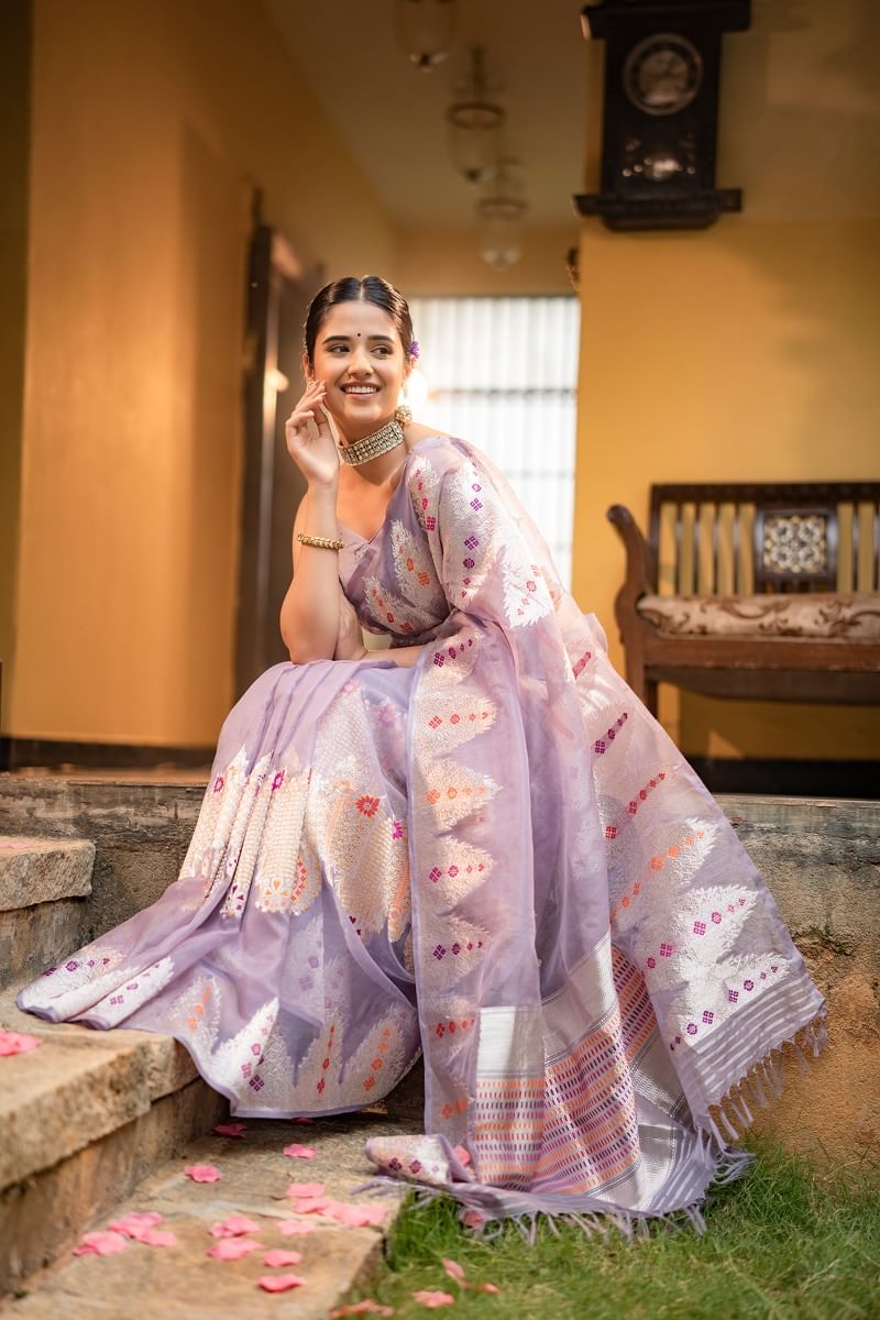 Lilac Banarasi Organza Saree