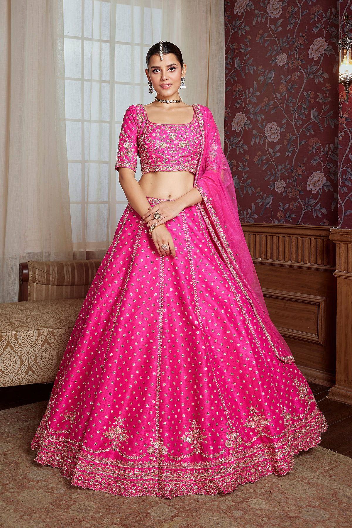 Buy Magenta Pink Umbrella Style Raw Silk Engagement Lehenga With Embroidered U Neck Blouse Online at Samyakk