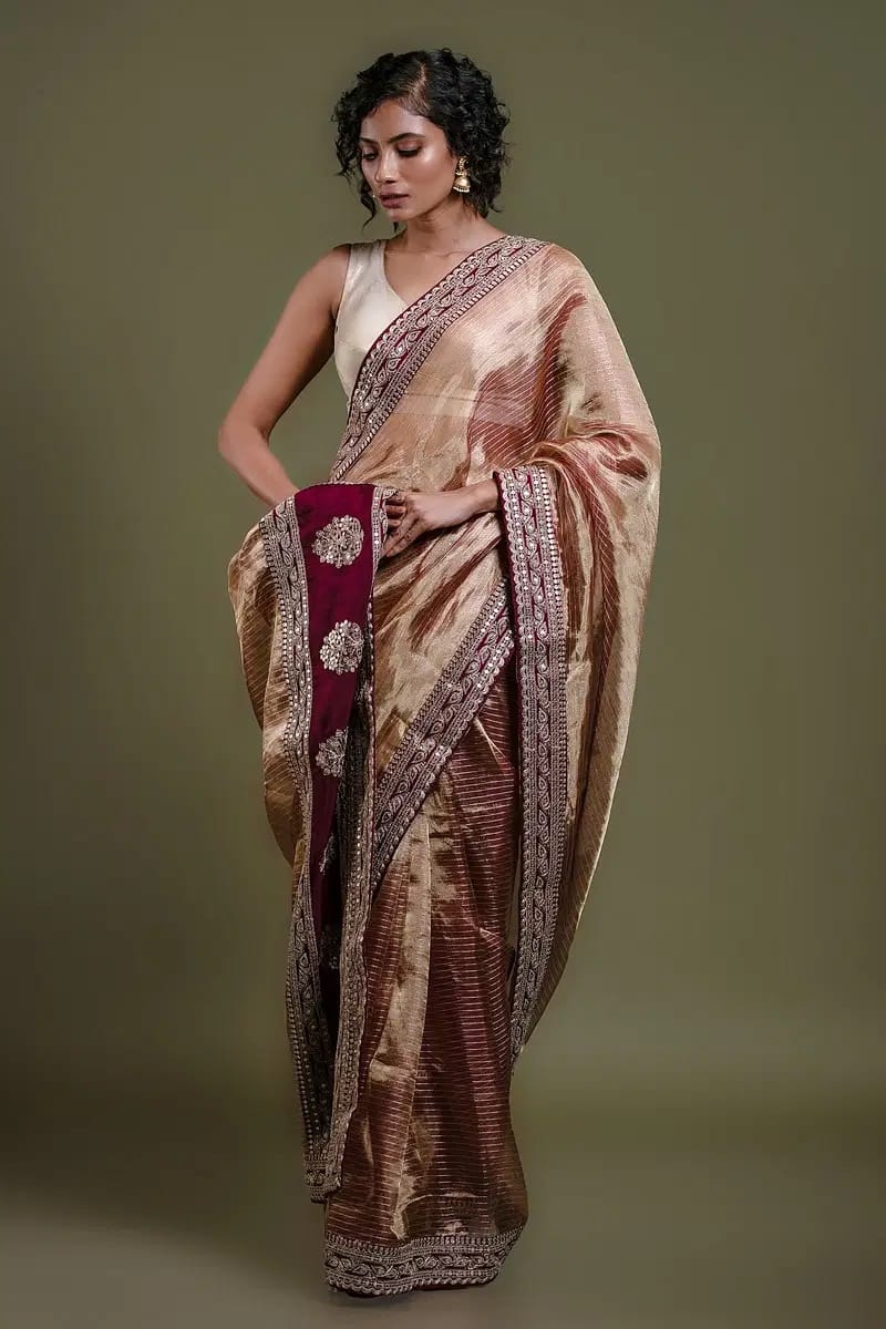 Maroon and Gold Tissue Designer Saree