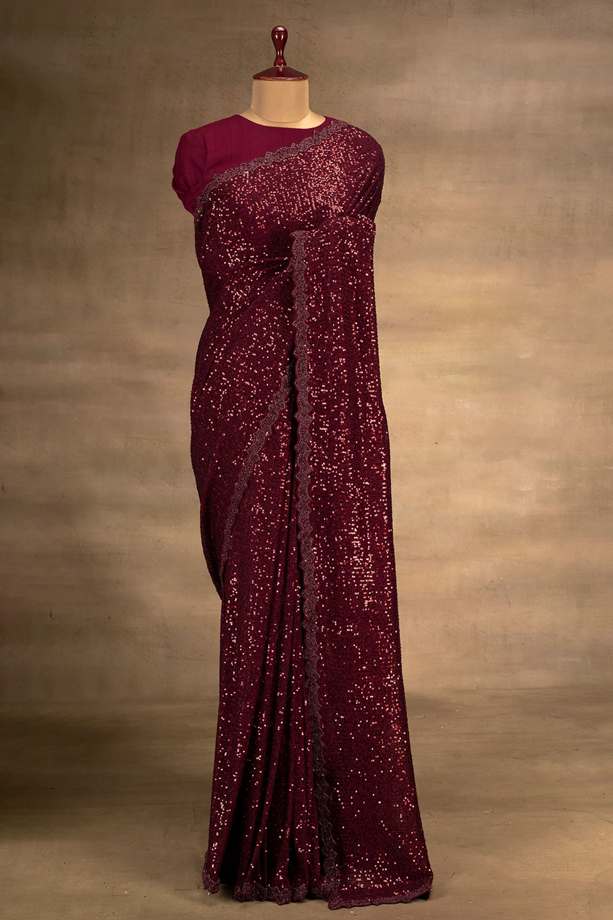 Maroon Sequins Embroidered Lycra Net Designer Saree with Unstitched Blouse-GM1975
