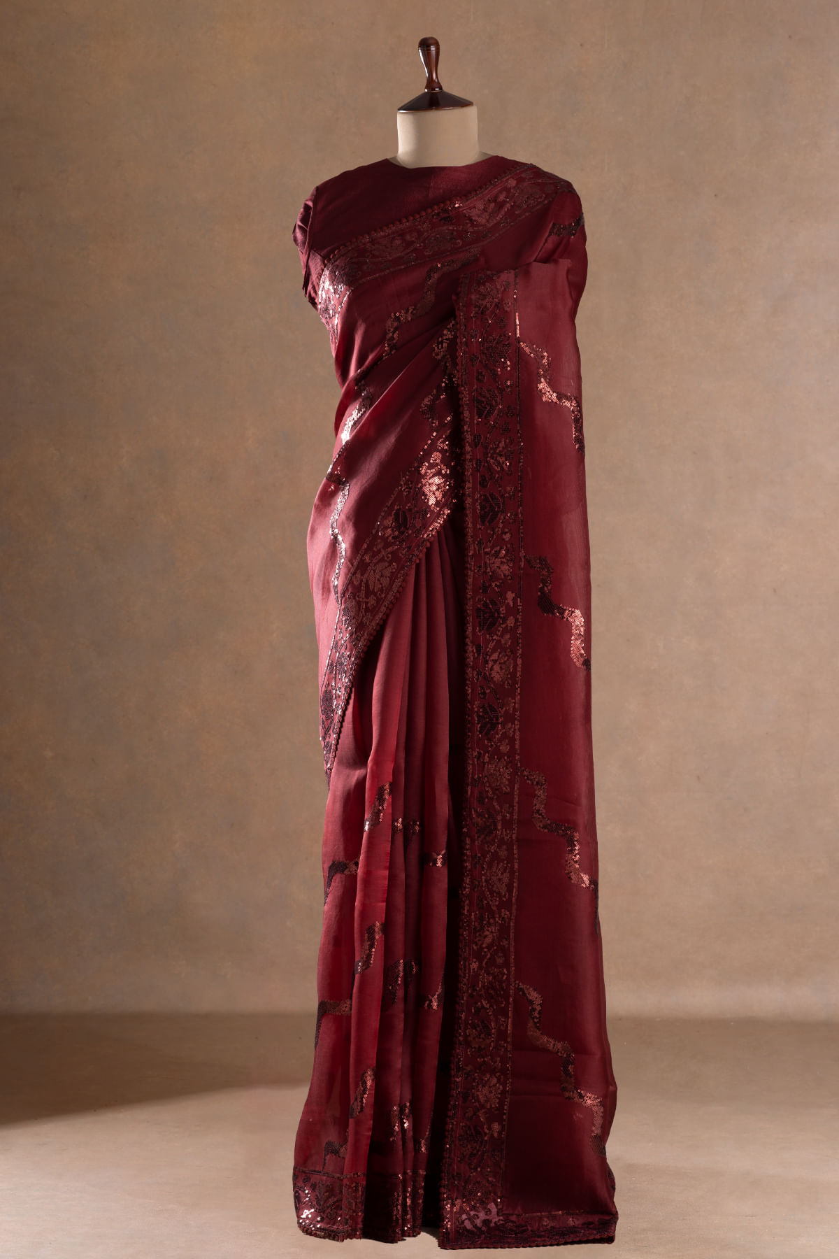 Maroon Sequins Embroidered Organza Designer Saree with Unstitched Blouse-GK2321