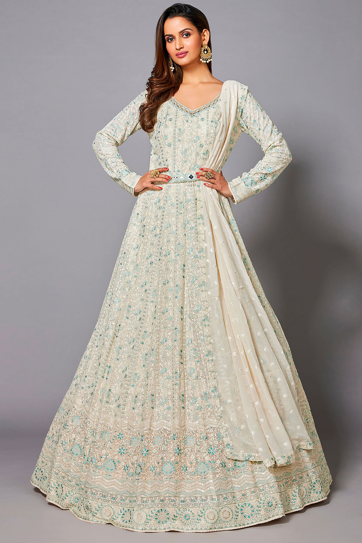 Marshmallow Cream Resham Embroidered Georgette Anarkali Salwars Online at Samyakk