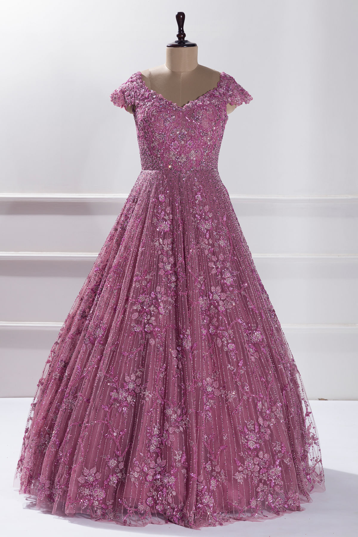 Buy Mauve Pink Sequins Embroidered Net Reception Gown Online Samyakk