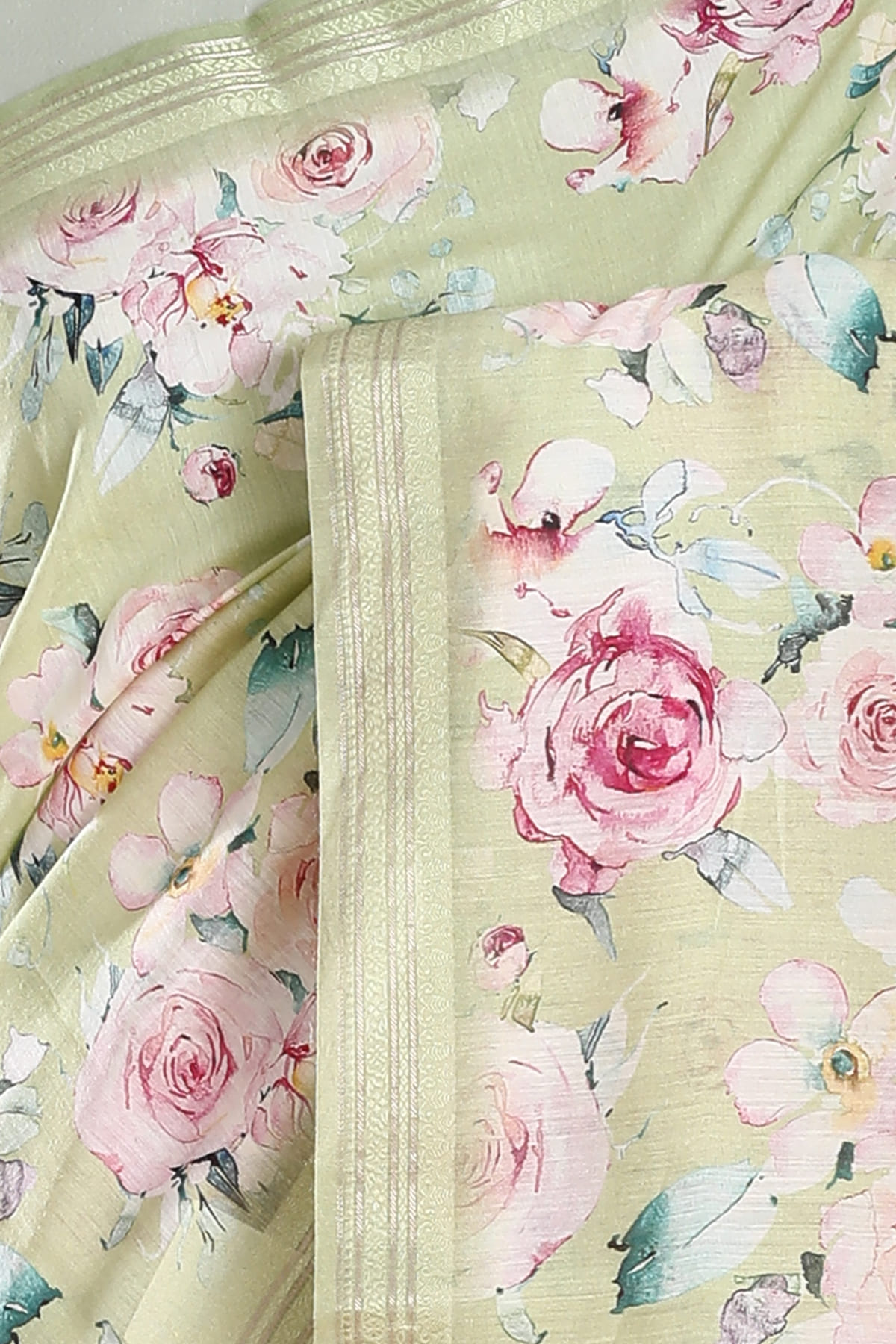 Buy Mellow Green Floral Printed Tussar Silk Saree With Unstitched Blouse  Online | Samyakk