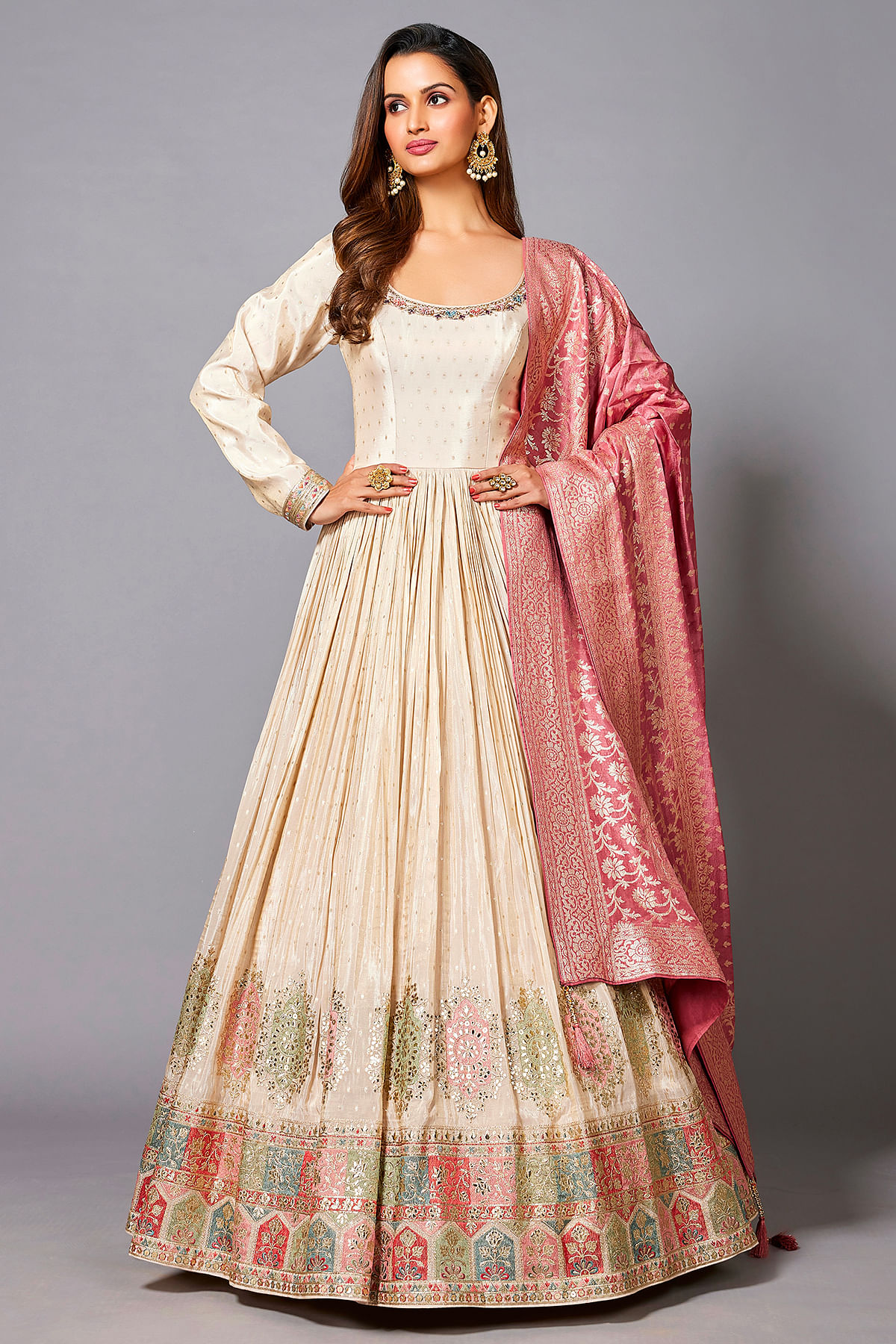 Meringue Cream Resham Embroidered Crepe Anarkali Salwars Online at Samyakk