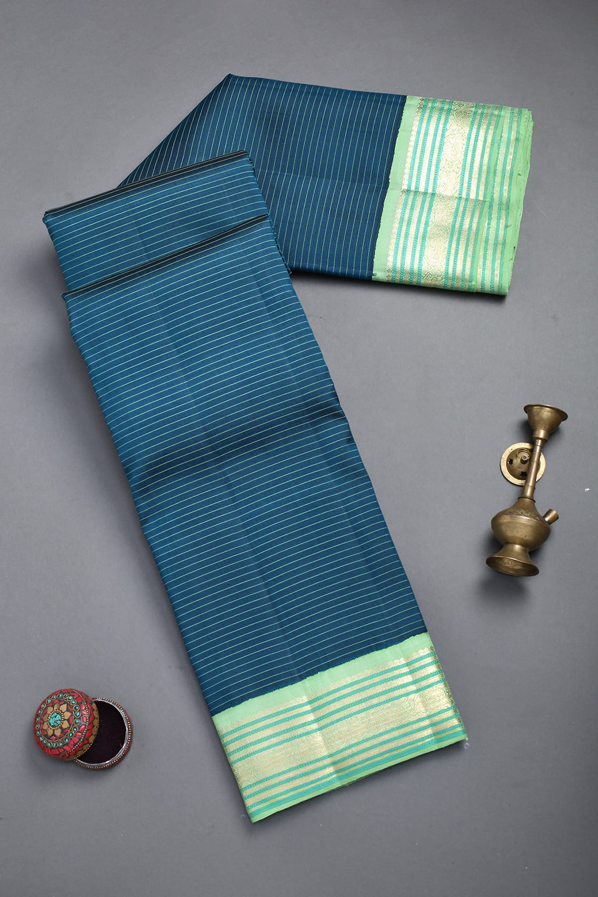 Steel Blue Kanchipuram Silk Saree with Antique Zari main image 0