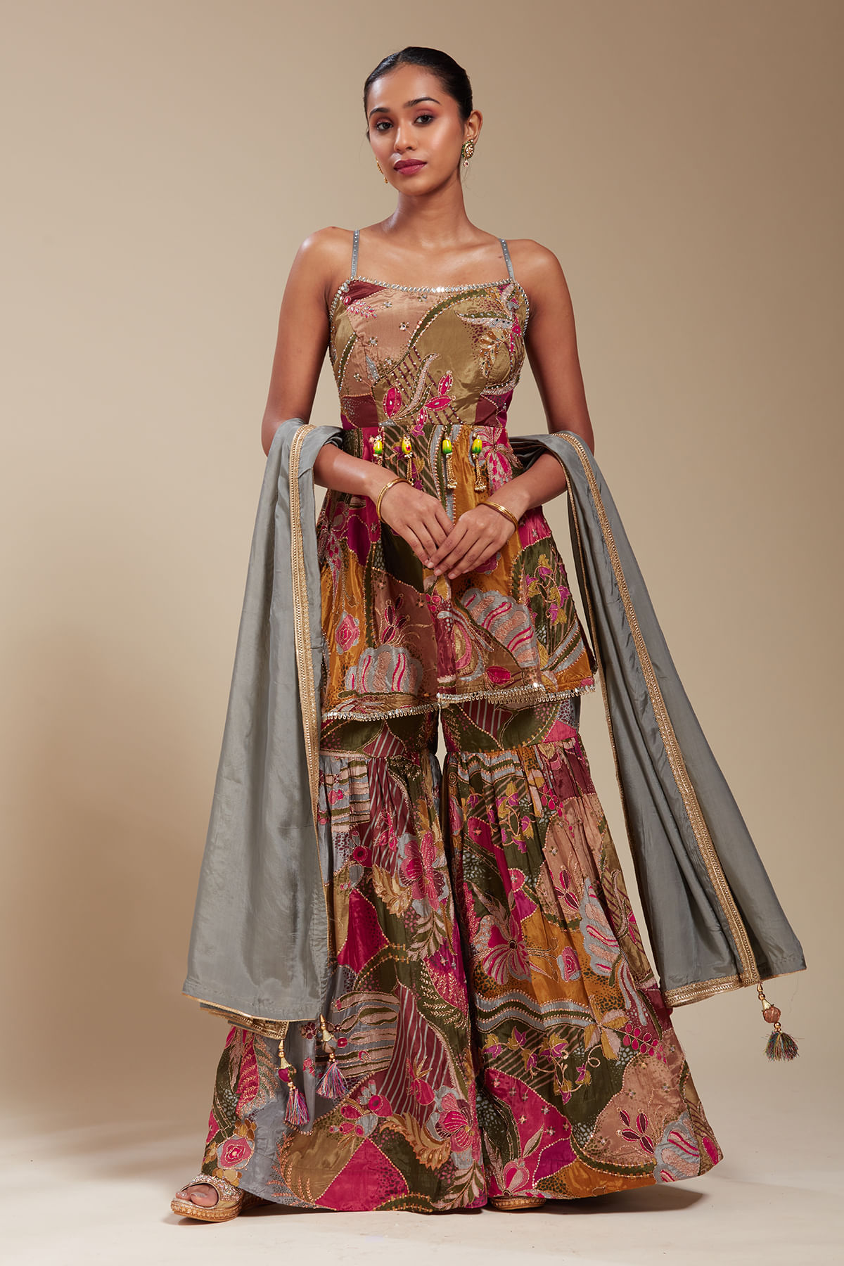 Multicolor Crepe Sharara Suit with Mirror Work and Sqaure Neck-GH5585