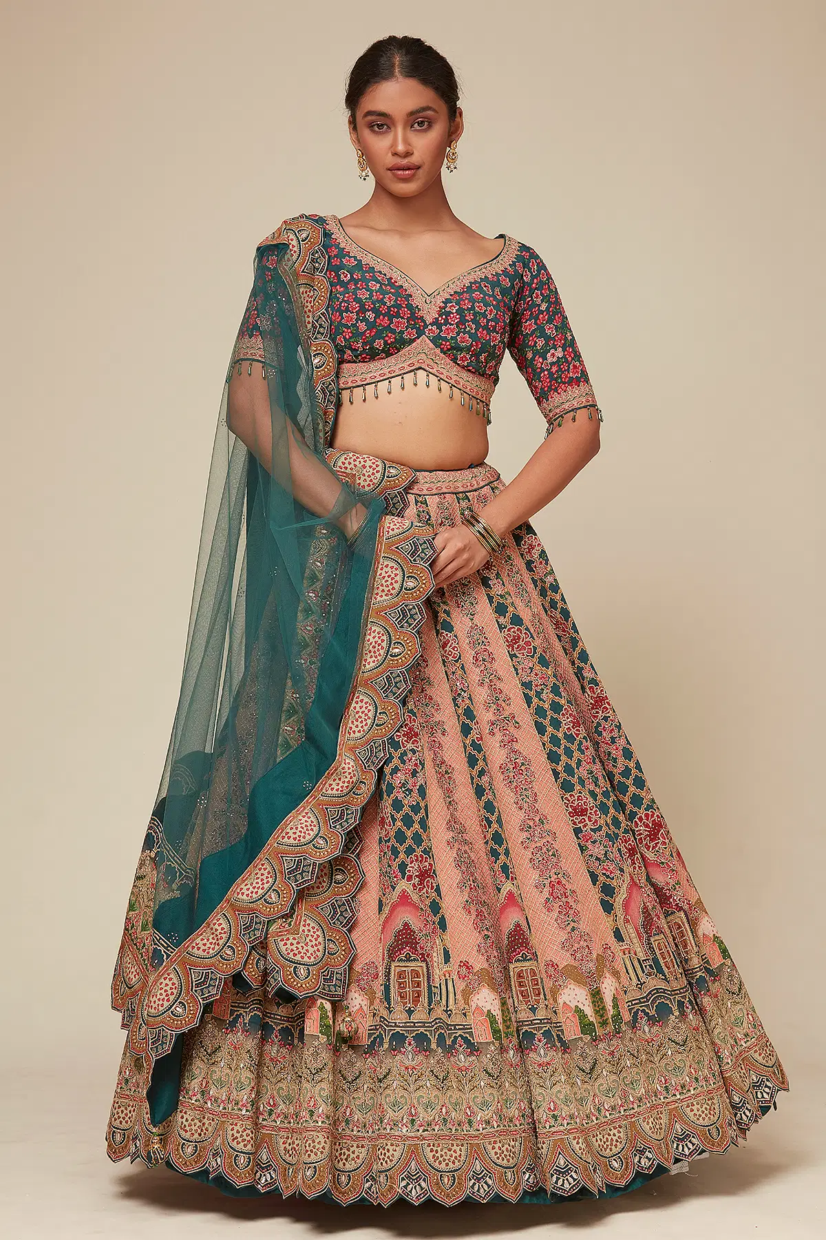 Buy Multicolor Silk Party Wear Lehenga with Leaf Neck and Readymade Blouse Online Samyakk