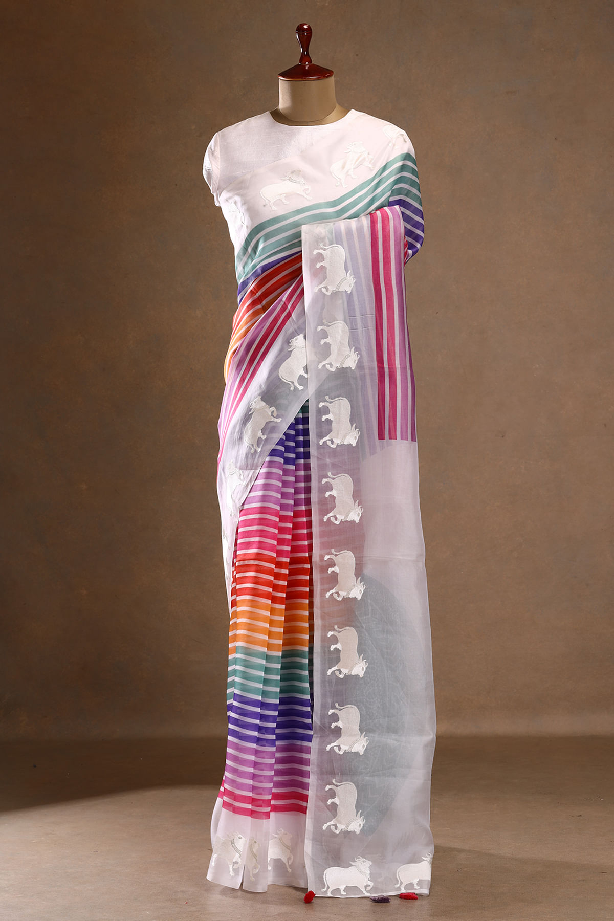 Multicolor Stripes Printed Organza Designer Saree with Unstitched Blouse-GM2425