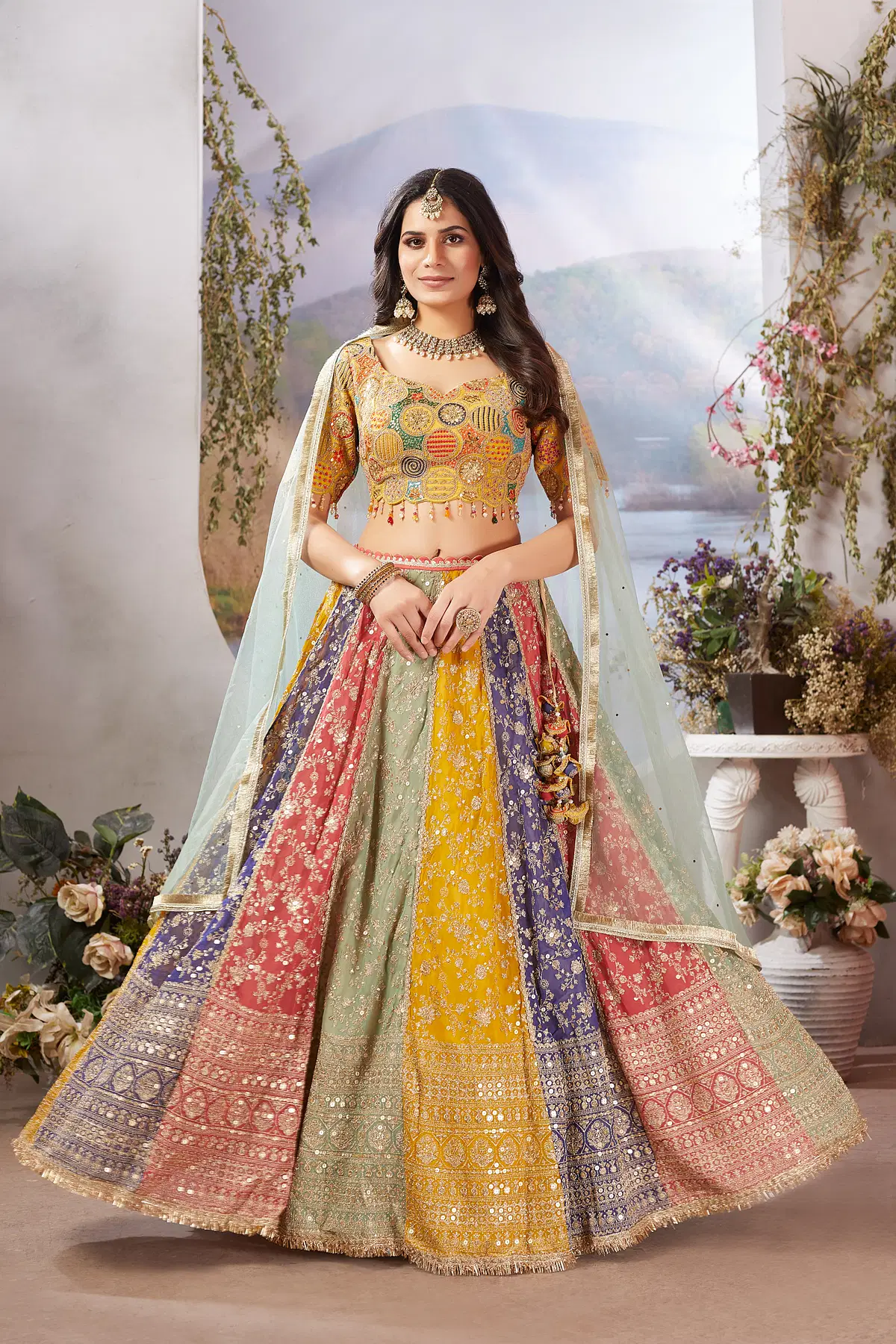 Buy Multicolor Umbrella Style Organza Bridesmaids Lehenga With Leaf Neck Online Samyakk