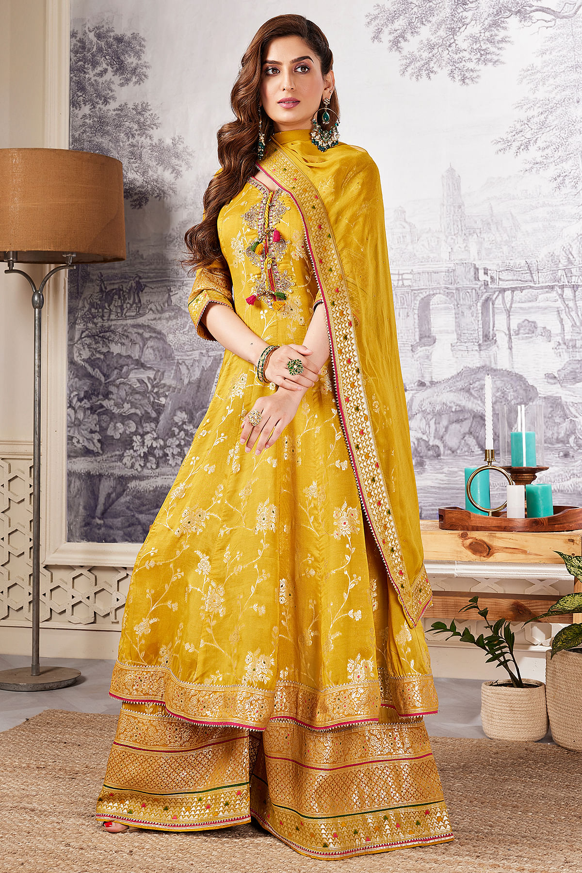 Buy Mustard Yellow Sequins Embroidered Organza Palazzo Suit Online at Samyakk