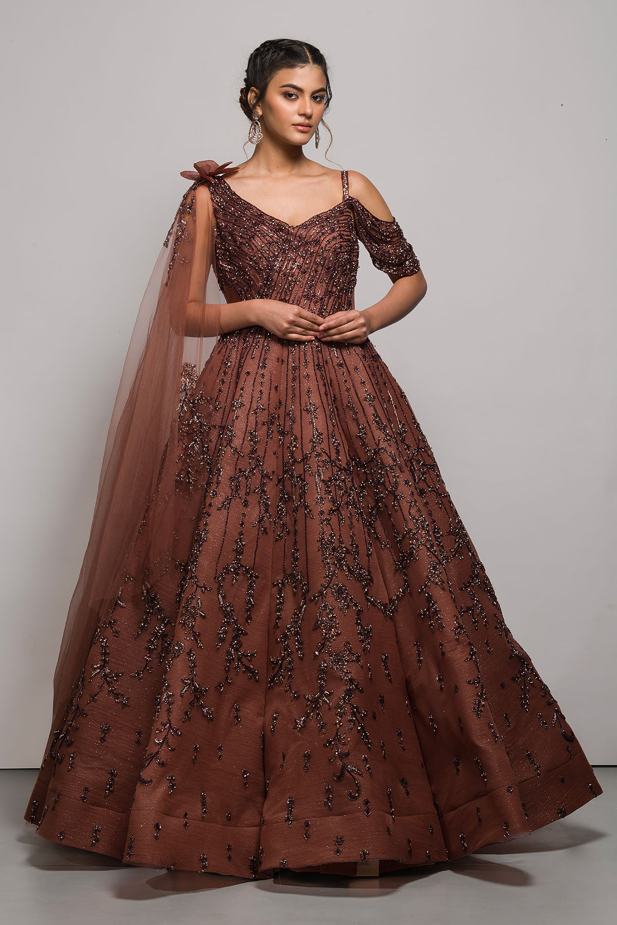 Women's Brown Embroidered Long Gown | Nadima Saqib