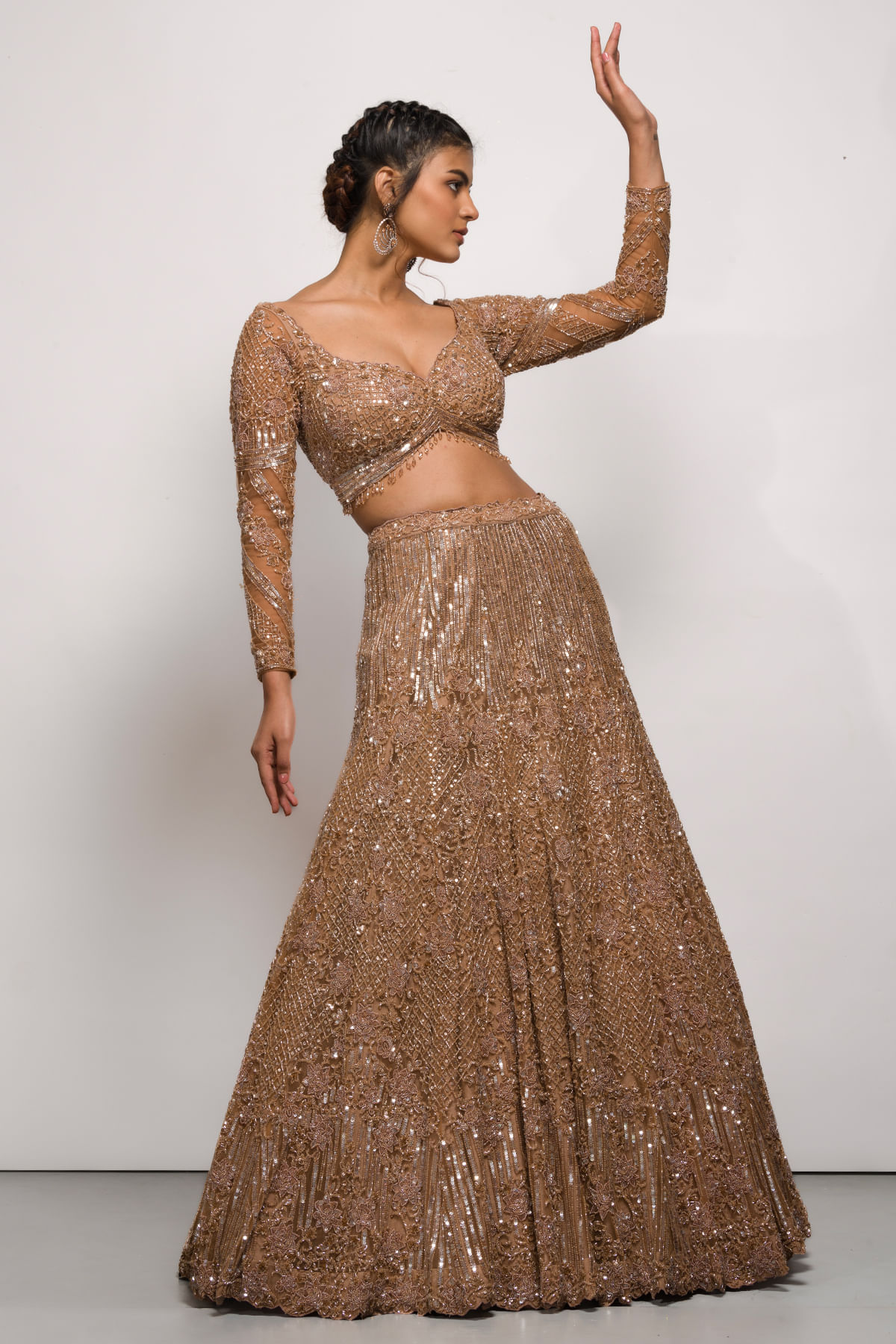 Brown Embroidered Net Reception Lehenga