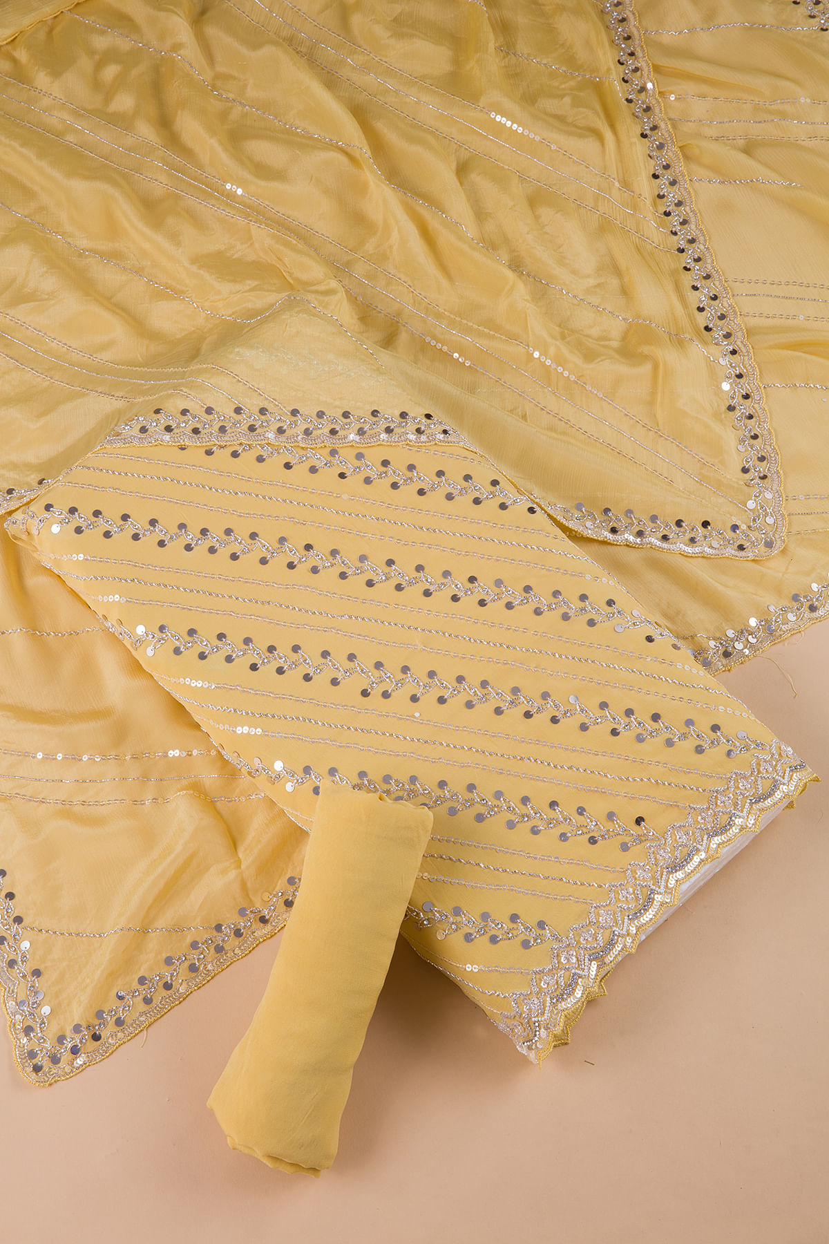 Light Yellow Sequins Embroidered Crepe unstitched Salwar