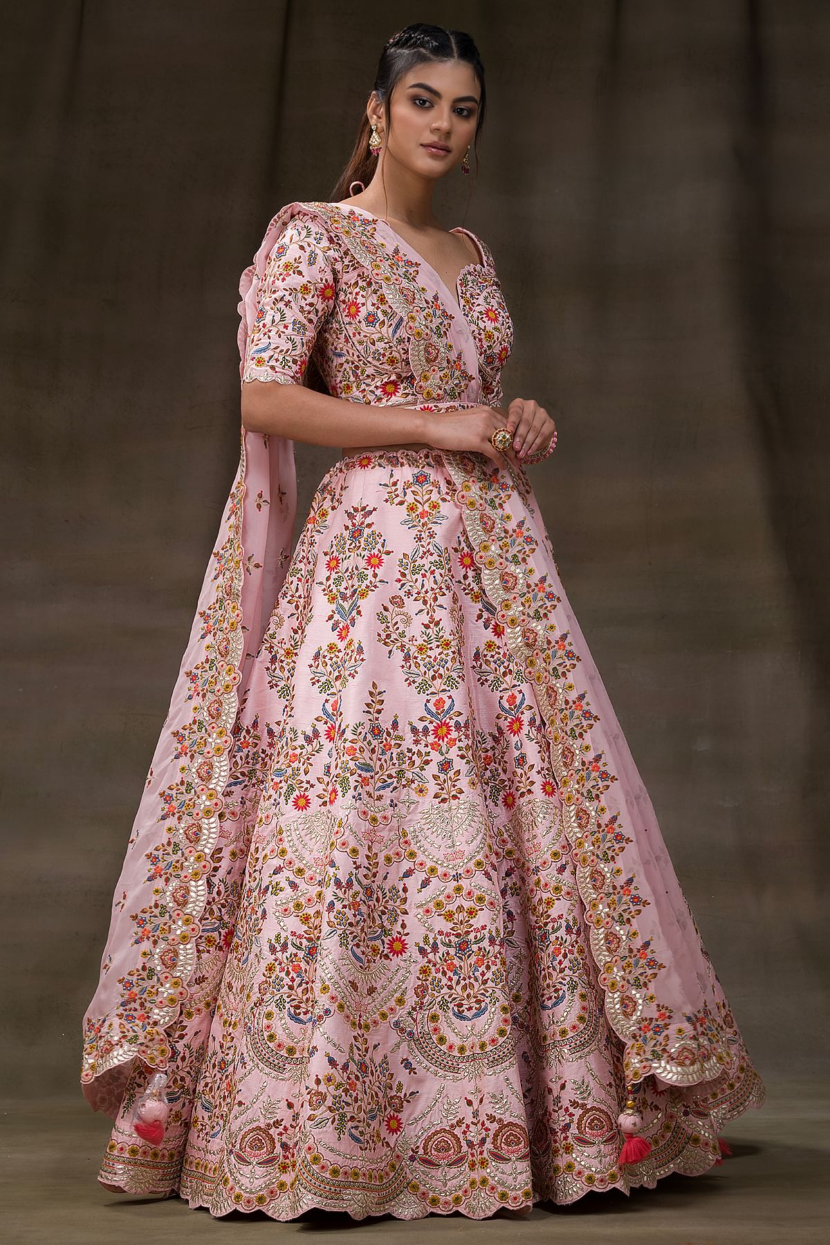 Indian Bridal Peach Lehenga With Resham Thread And Embroidery Gota Work And Multi Color Waive Lehenga store Design For Wedding And Party Wears