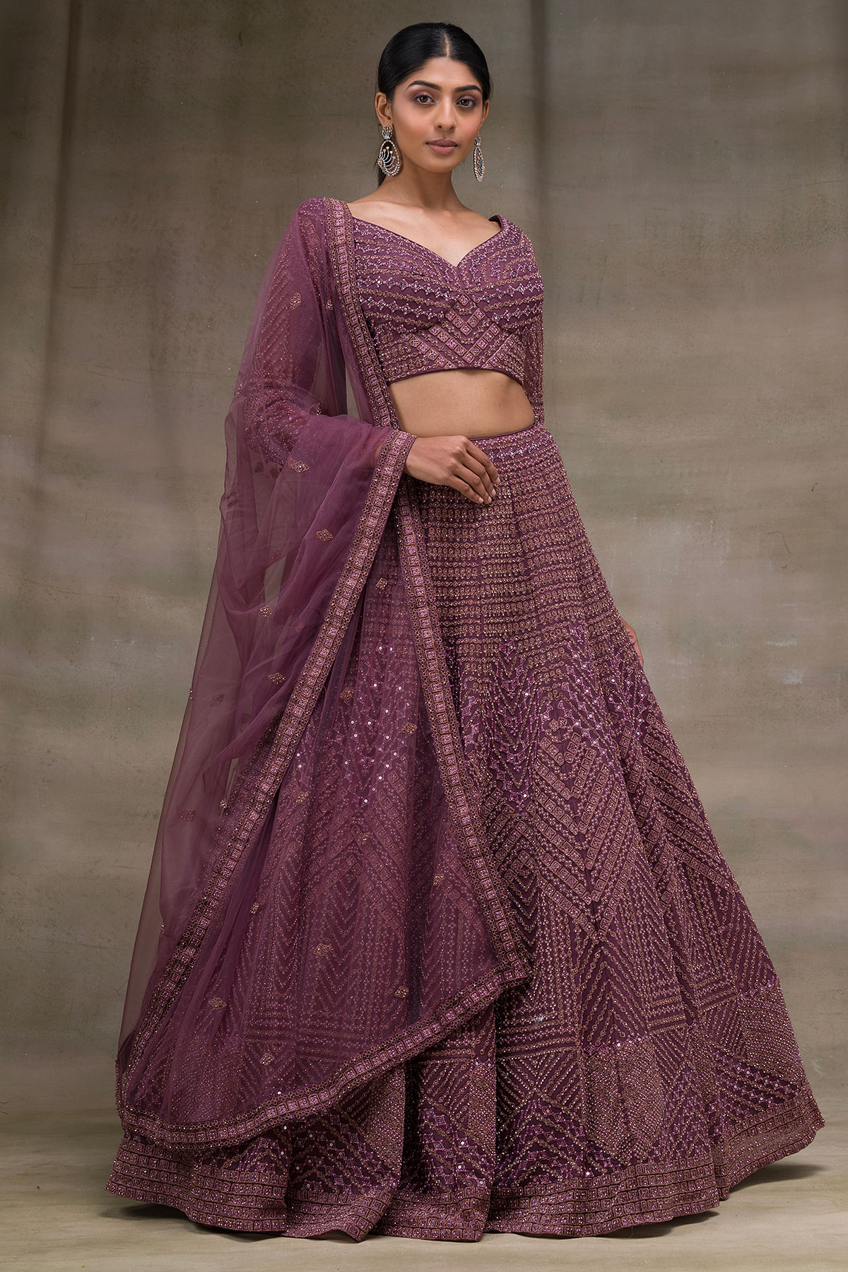 Dark Orchid Puple Lehenga Detailed with Floral Chain Beads & Thread Wo –  archerslounge