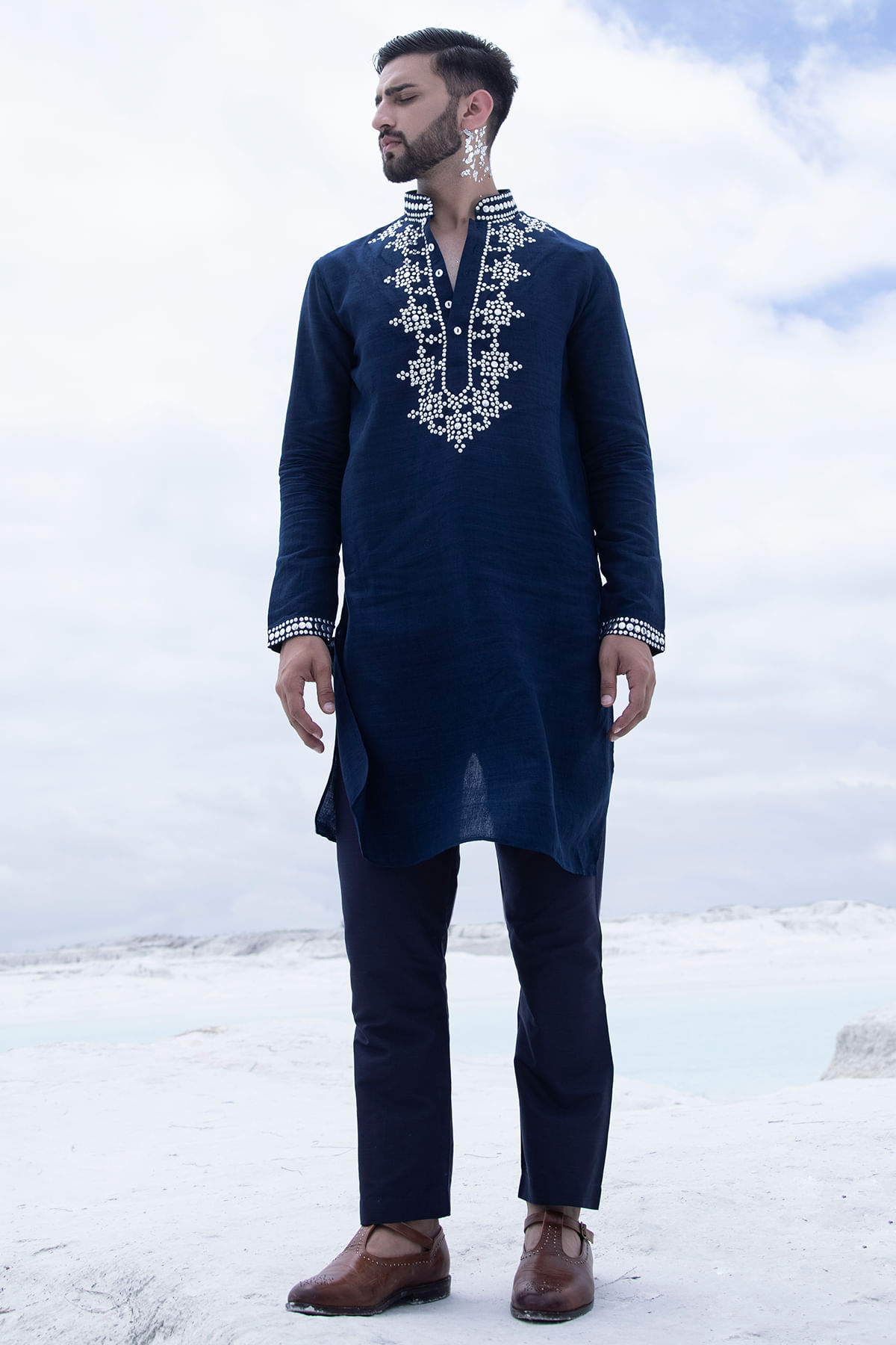 Buy Navy Blue Metal Stud Silk Kurta Online at Samyakk