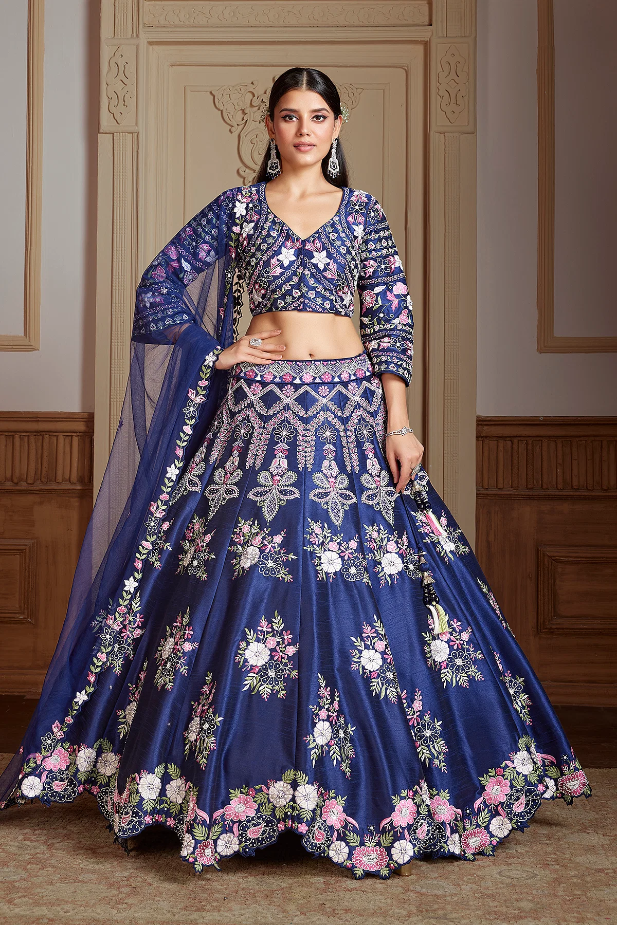 Buy Navy Blue Panel Style Raw Silk Sangeet Lehenga With Embroidered Curve V Neck Blouse Online at Samyakk