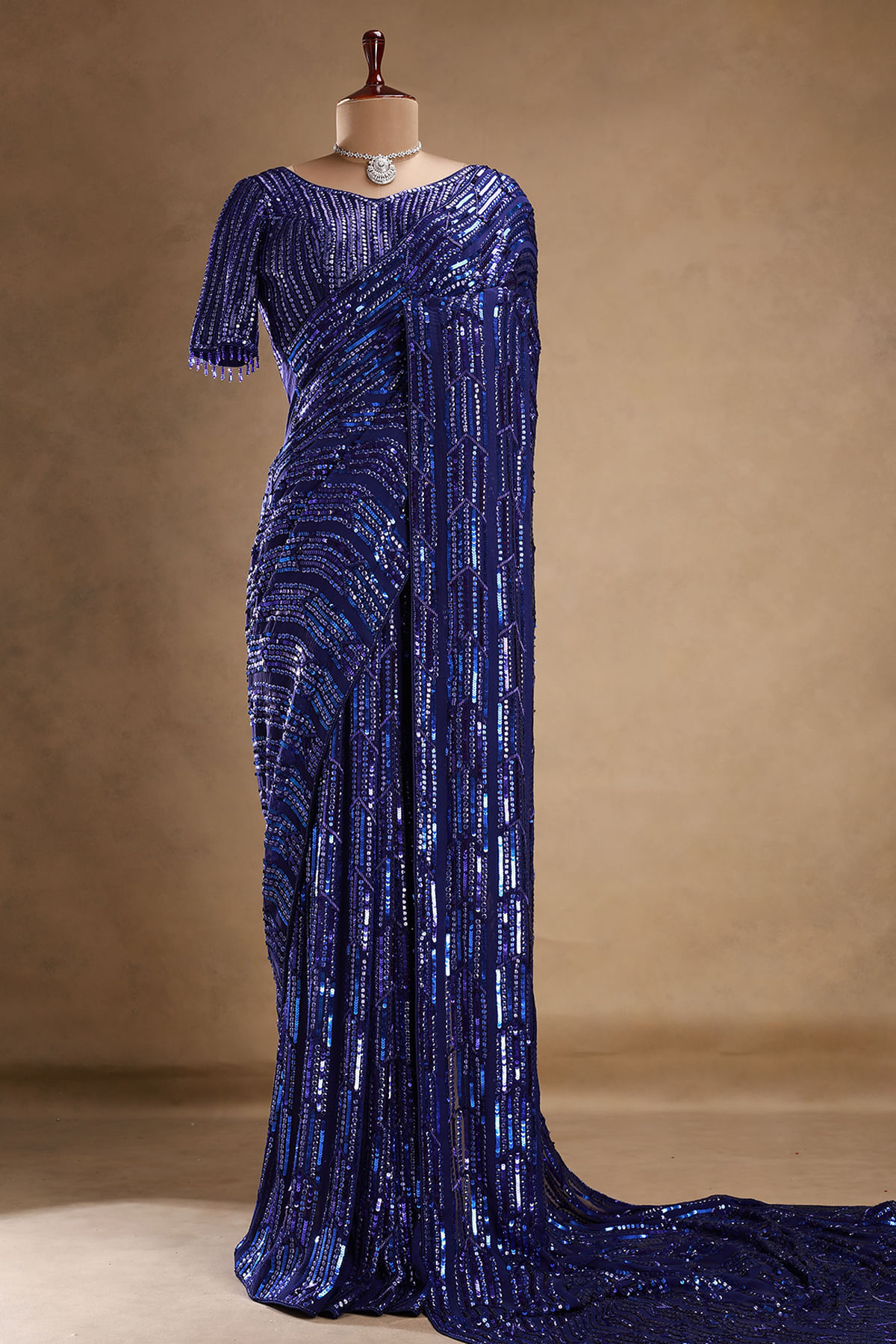 Navy Blue Sequins Embroidered Georgette Saree with Readymade Elbow Sleeves Blouse-JA2333