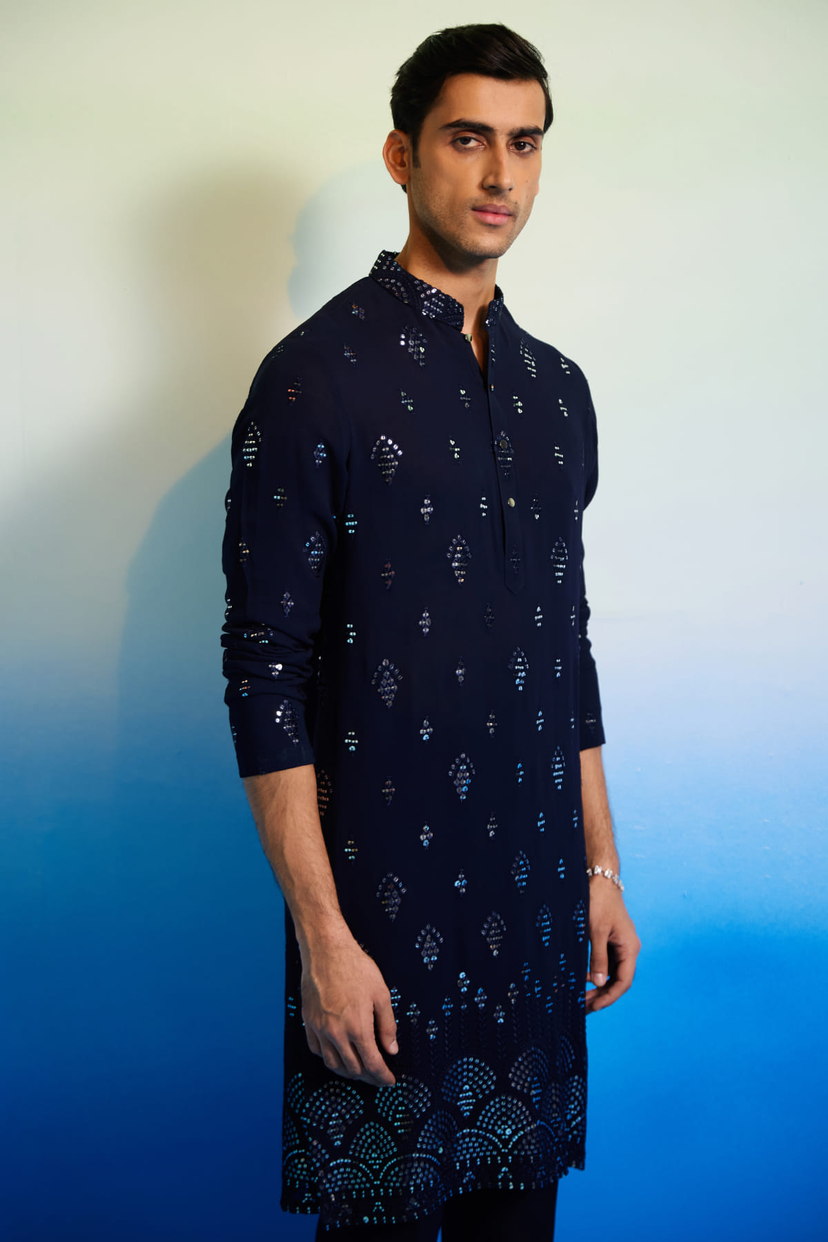 Navy Blue Sequins Embroidered Satin Kurta-KR1084