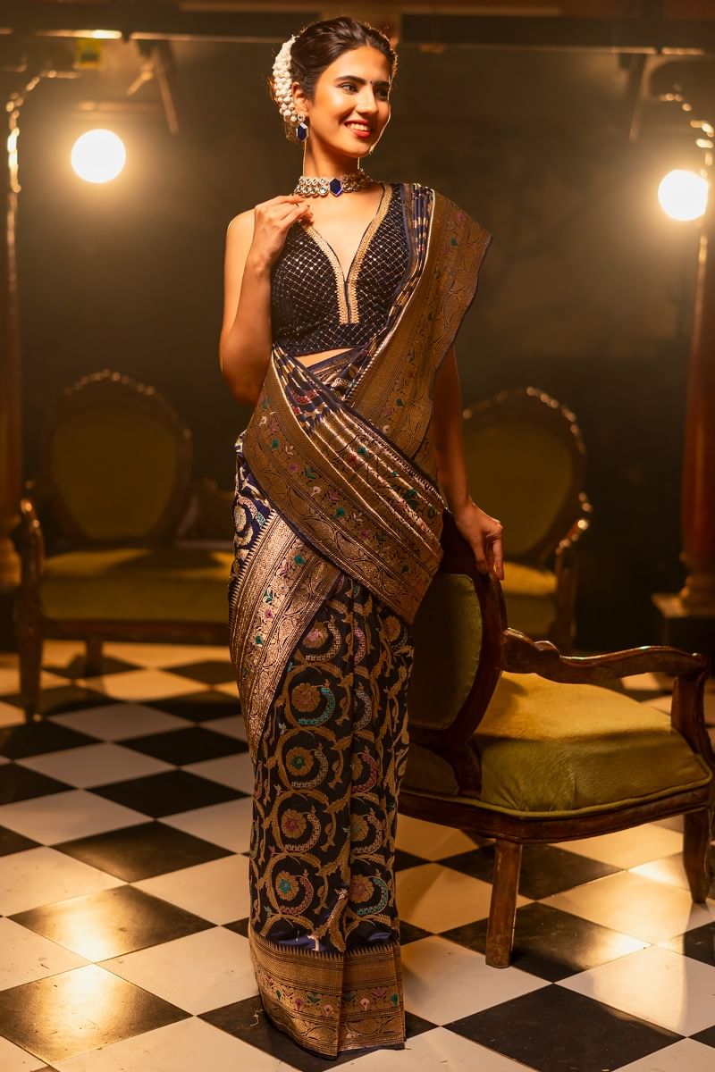 Navy Blue Banarasi Silk Saree