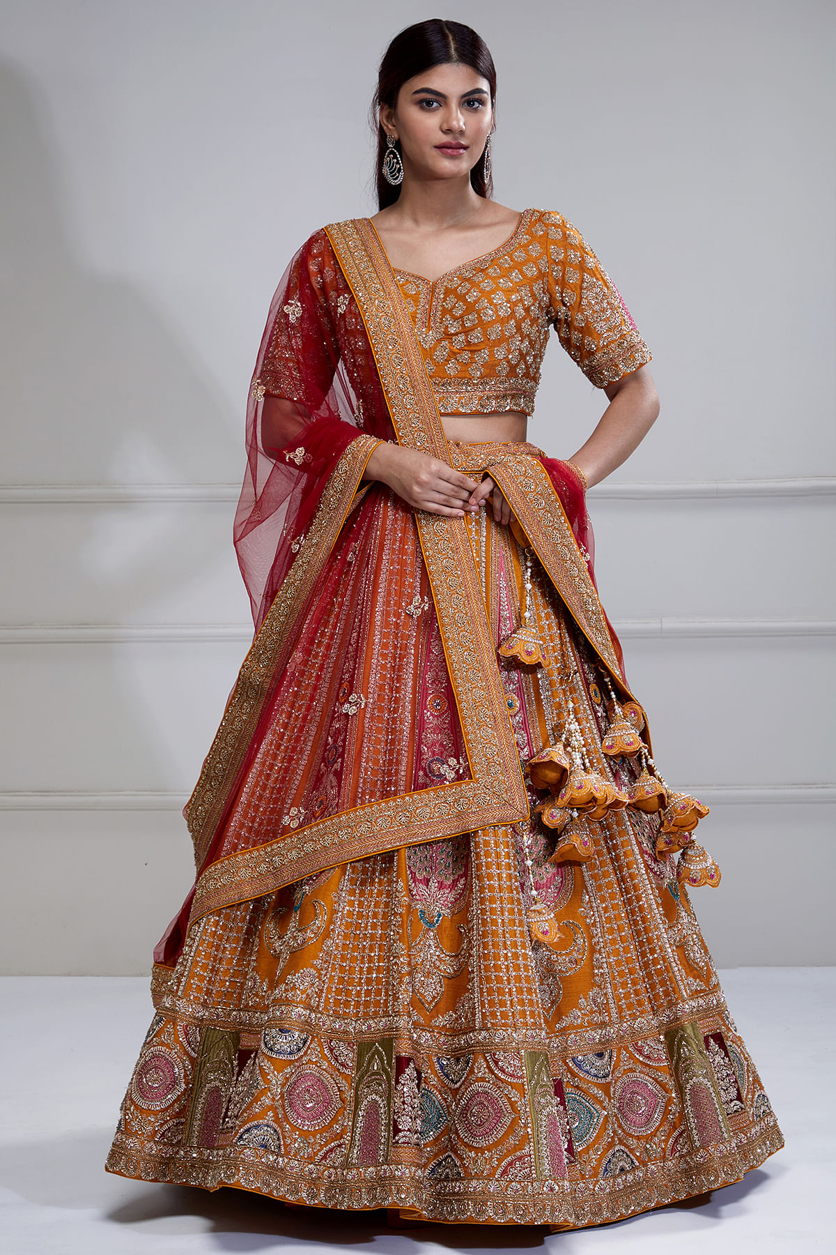 Old Gold Yellow Sequins Embroidered Silk Reception Lehenga