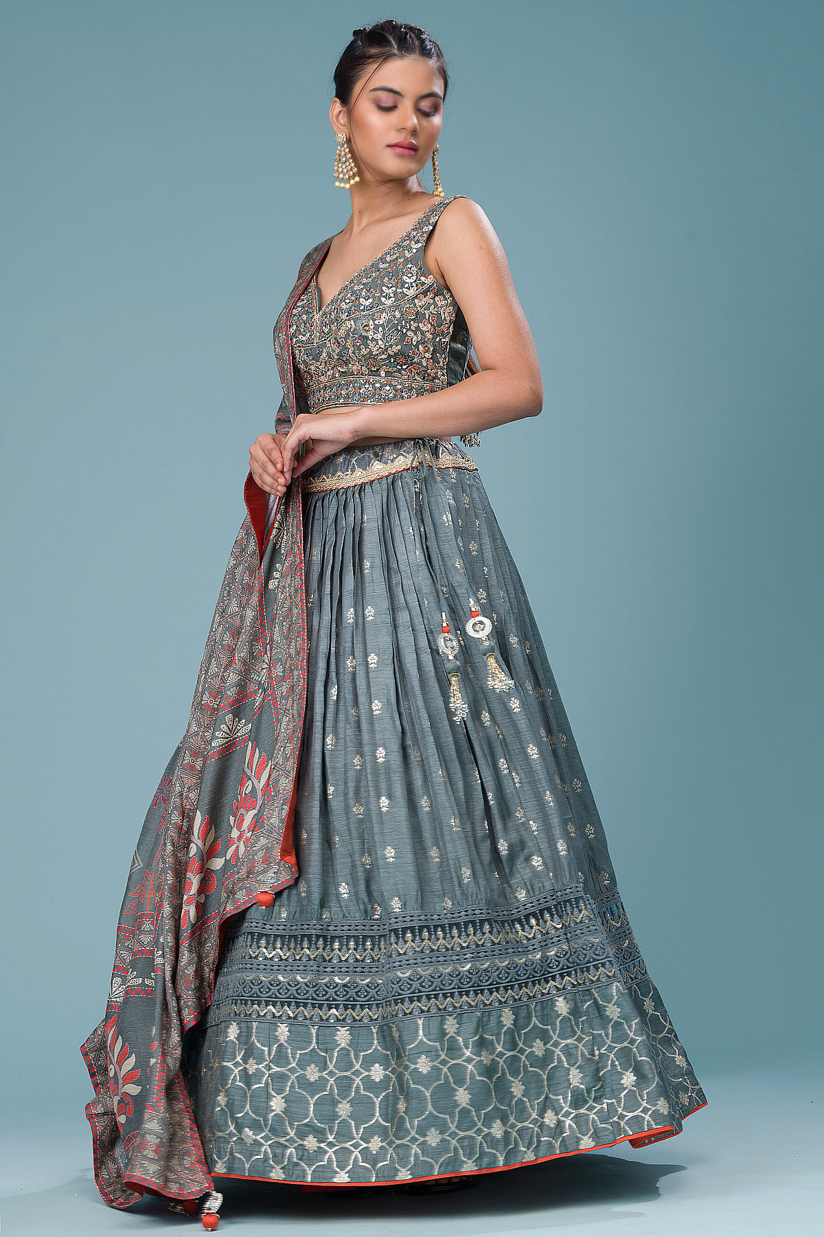 Designer New Indo Western MOH5107 PartyWear Grey Silk Lycra Saree Gown