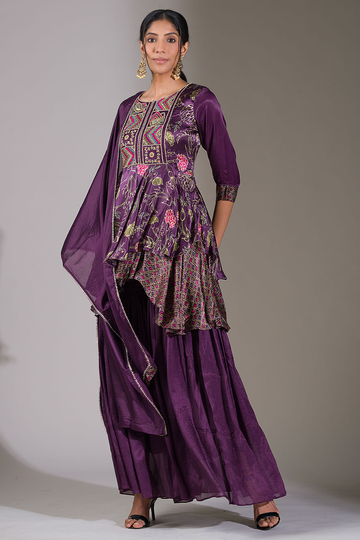 Raisin Purple Printed Satin Silk Sharara Suit-NB2504