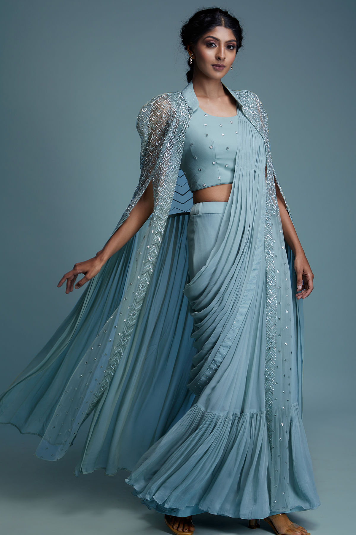 Buy Pastel Blue Sequins Embroidered Ready to Wear Georgette Saree Online