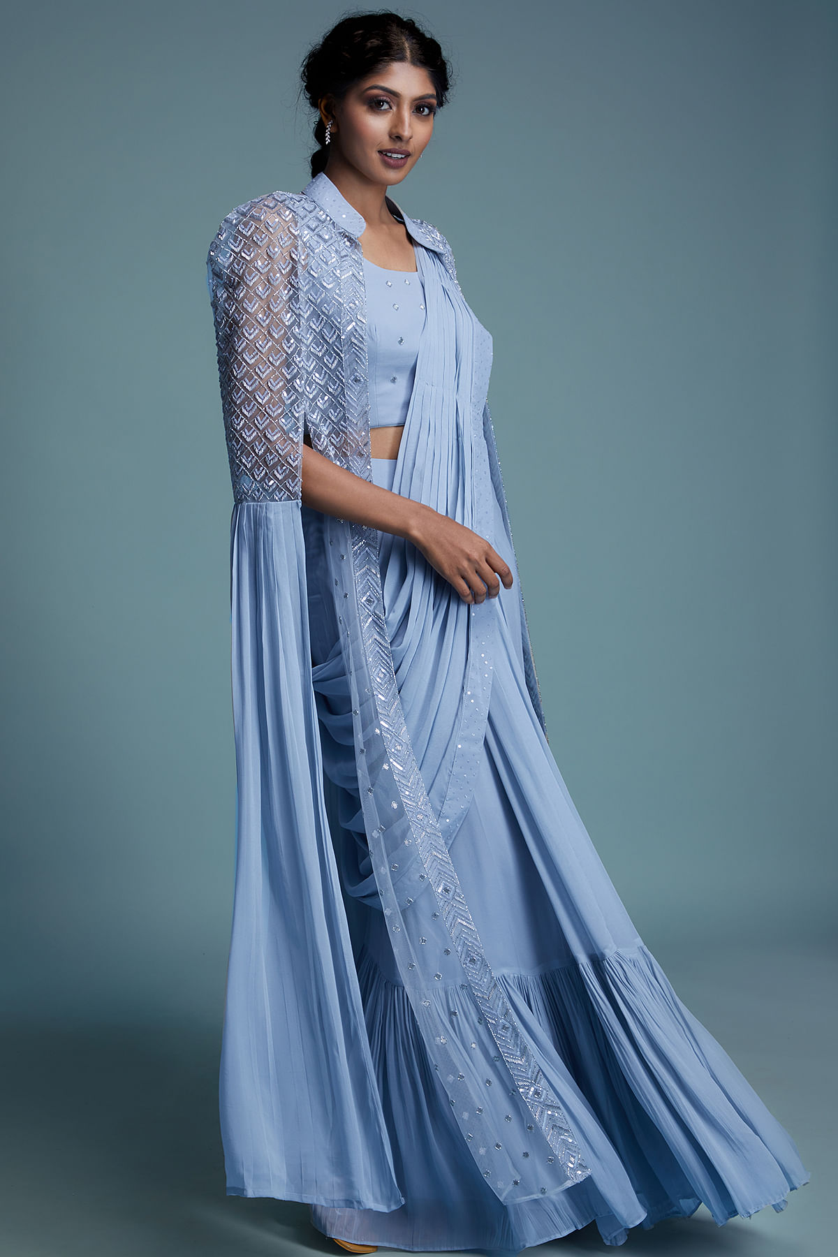 Buy Mandira Wirk Peach Viscose Georgette Embroidered Pre-draped Saree Gown  Online | Aza Fashions | Draped saree gown, Saree gown, Saree gowns