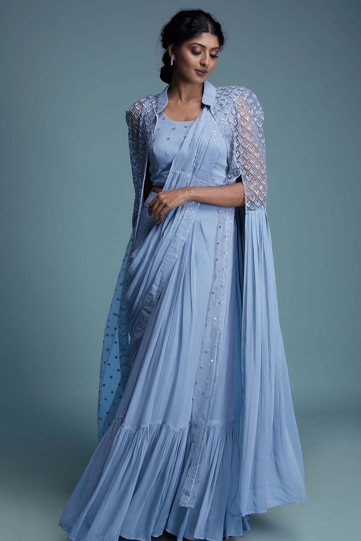 Periwinkle Bud Blue Sequins Embroidered Ready to Wear Georgette Saree