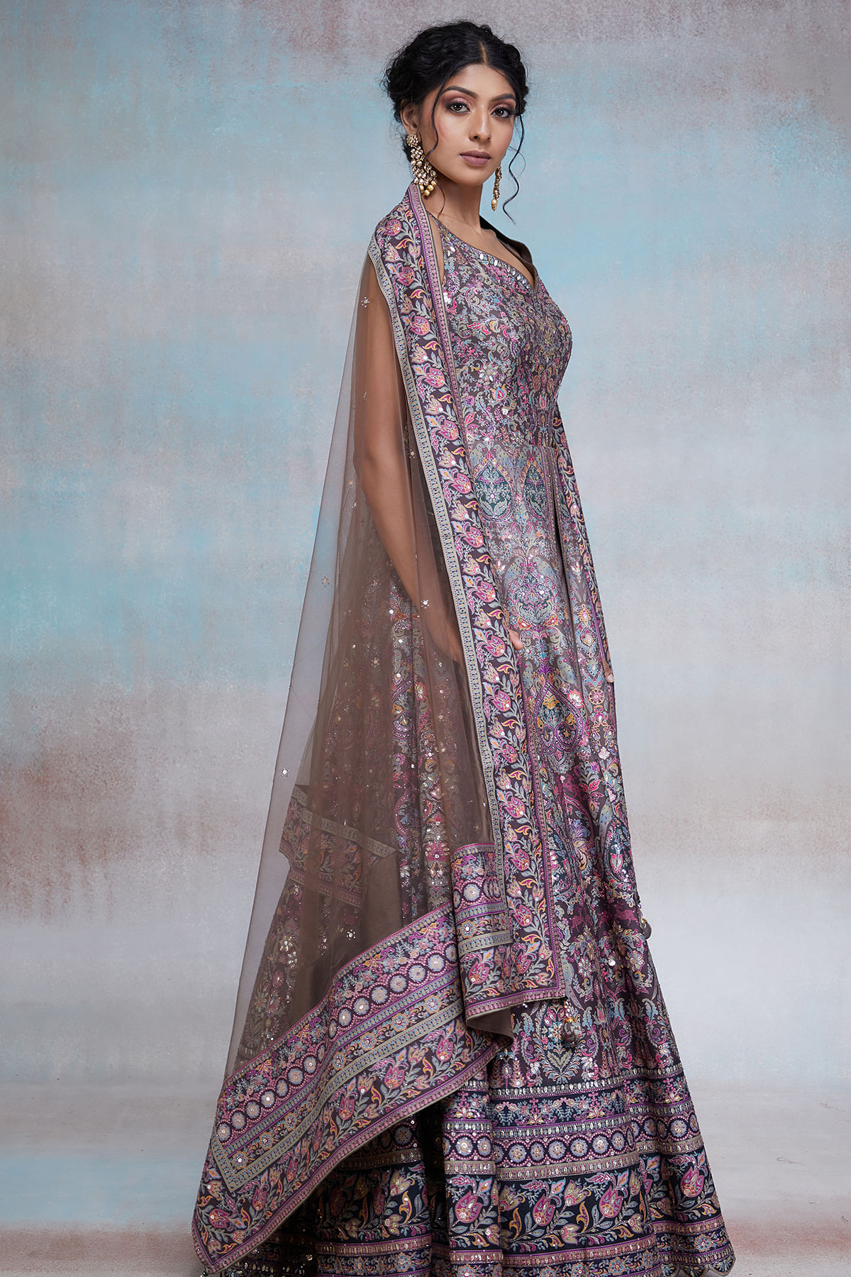 Purple And Gold Indo Western Lehenga Choli | Net lehenga, Indian fashion  dresses, Indo western lehenga