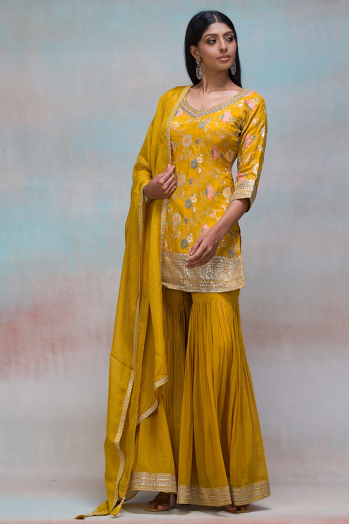 Peach Banarasi Silk Sharara Suit | Long sleeve dress, Sharara suit, Fashion